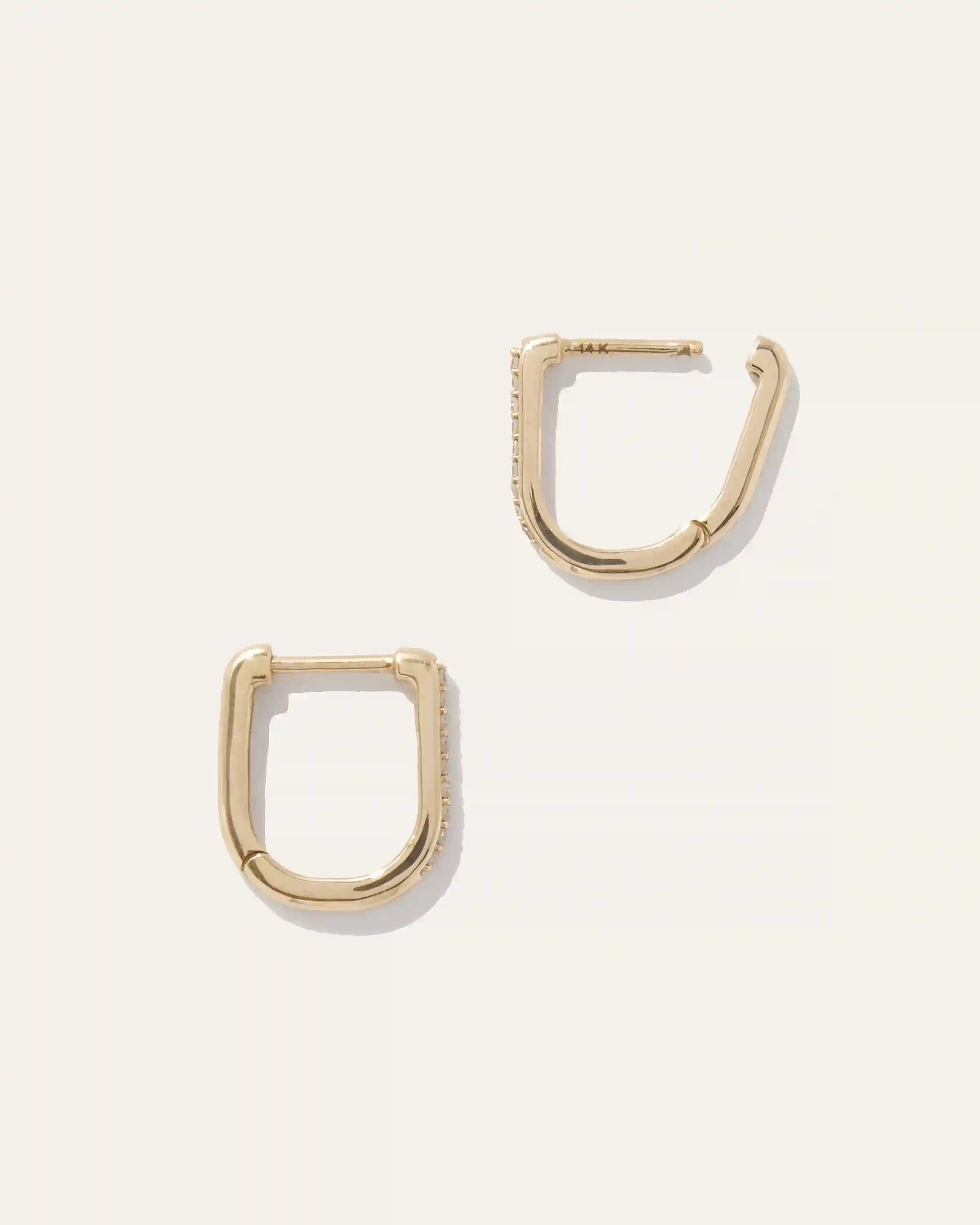 14K Gold Diamond Pave U Huggie Hoops