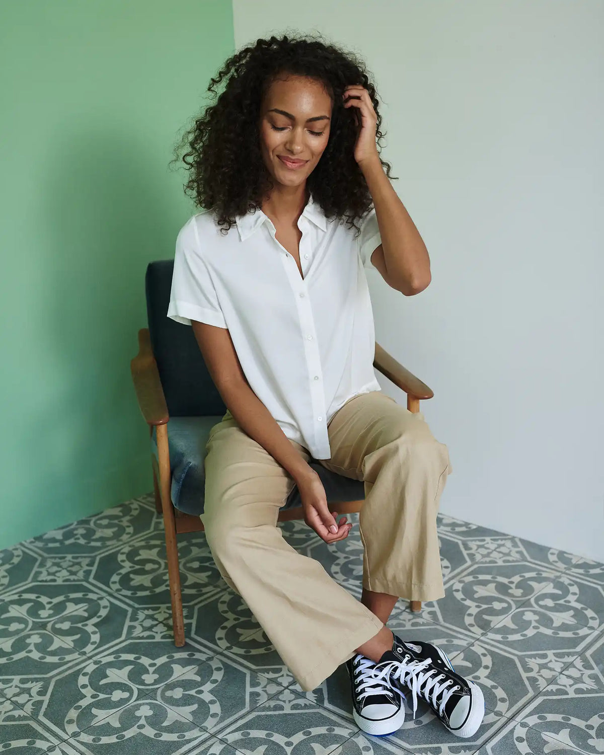Washable Stretch Silk Short Sleeve Blouse