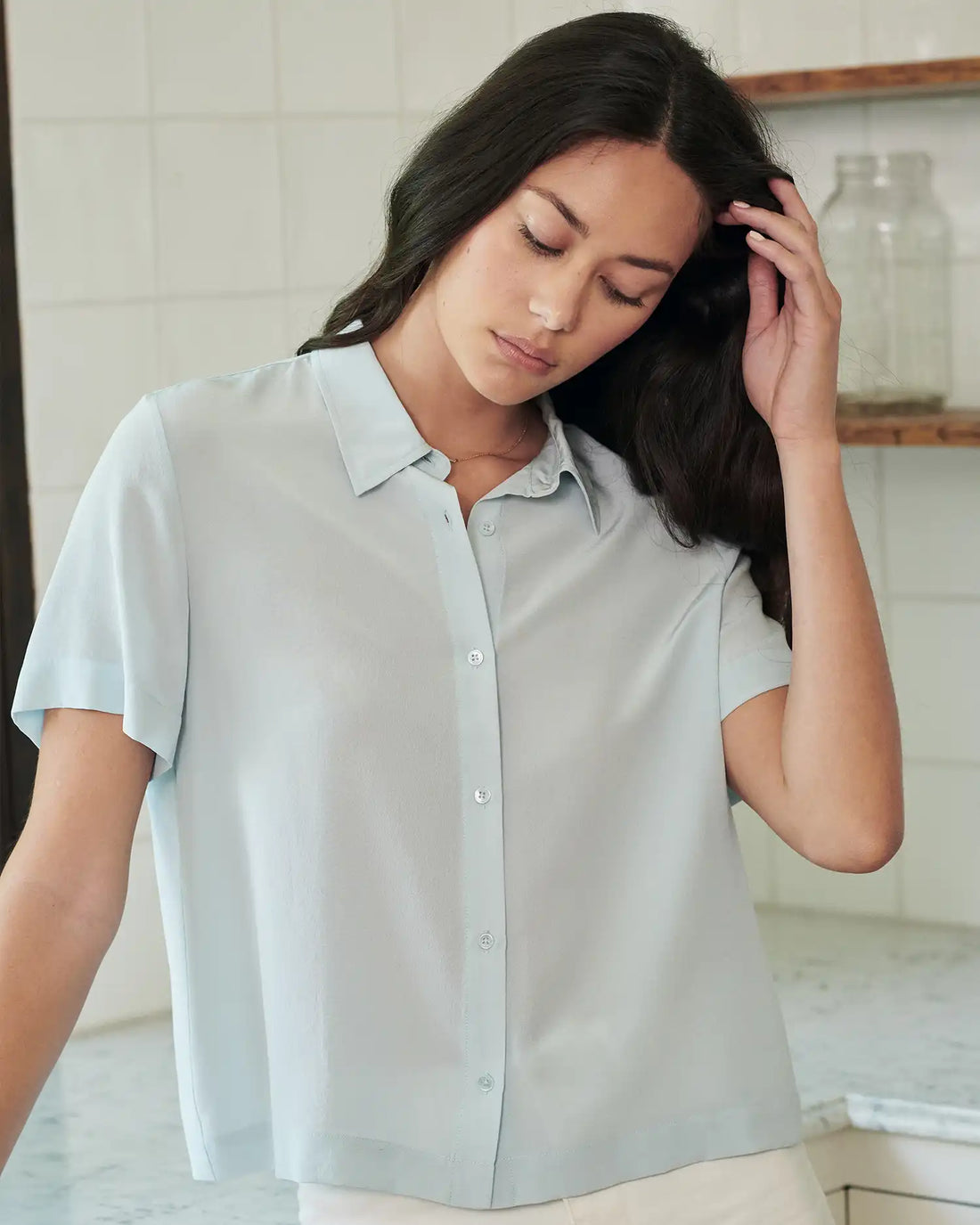 Washable Stretch Silk Short Sleeve Blouse