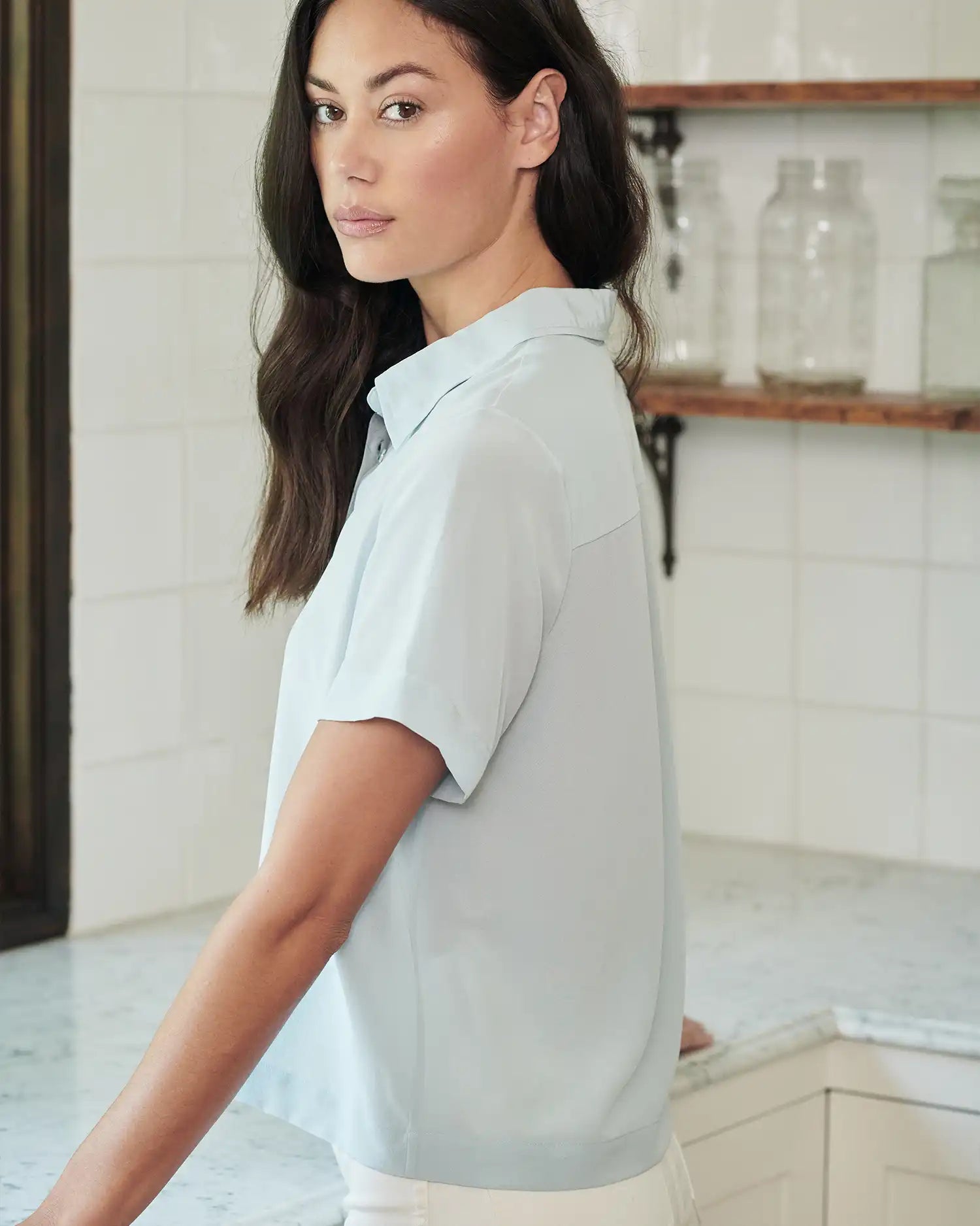 Washable Stretch Silk Short Sleeve Blouse