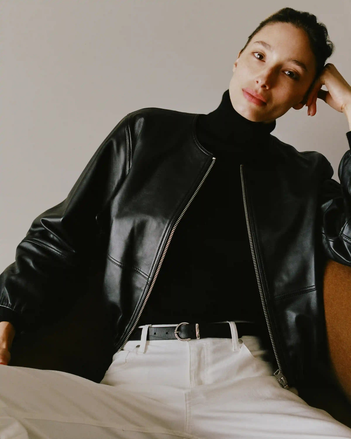 100% Leather Collarless Cropped Bubble Hem Jacket