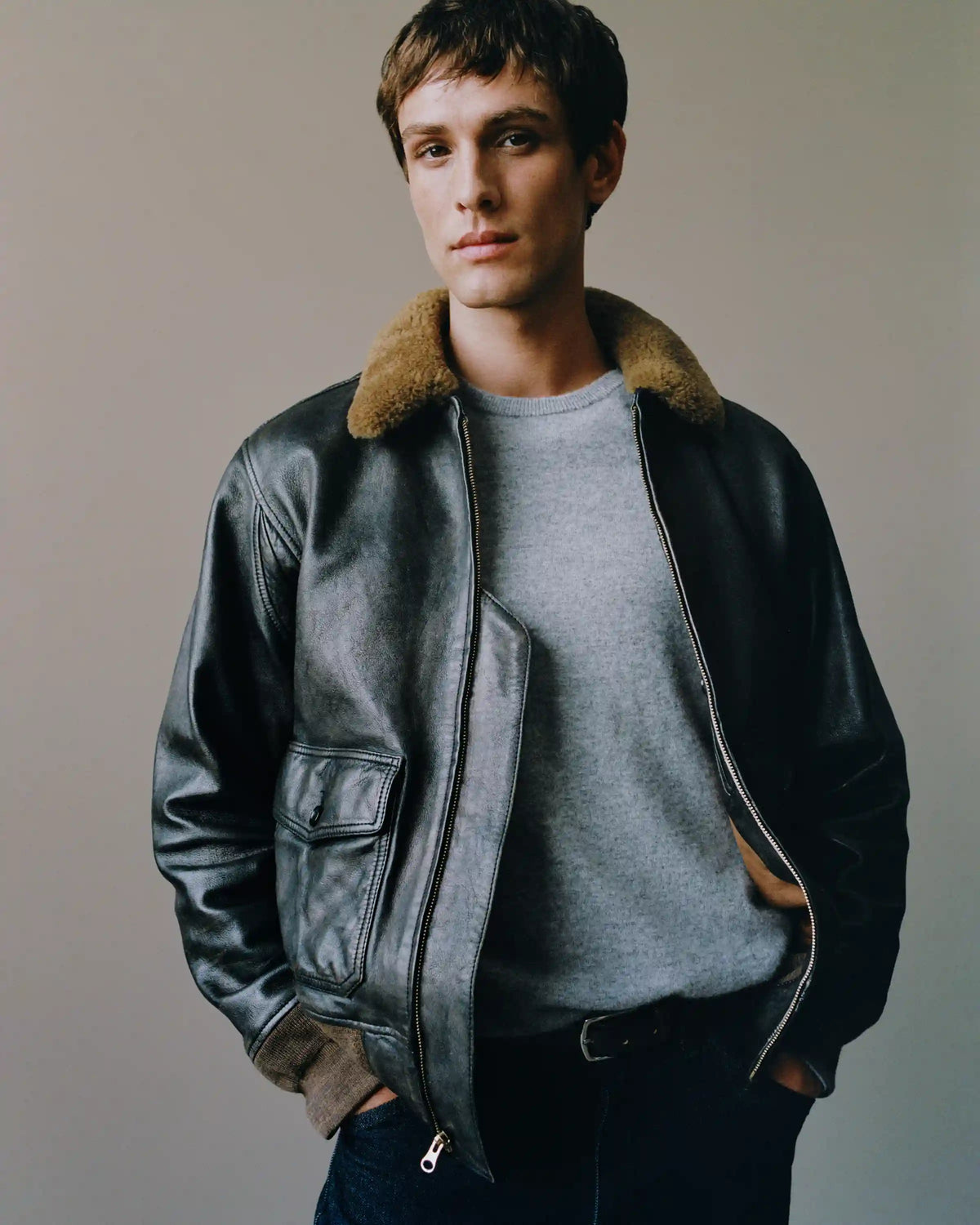 Shearling Collar Leather Flight Jacket