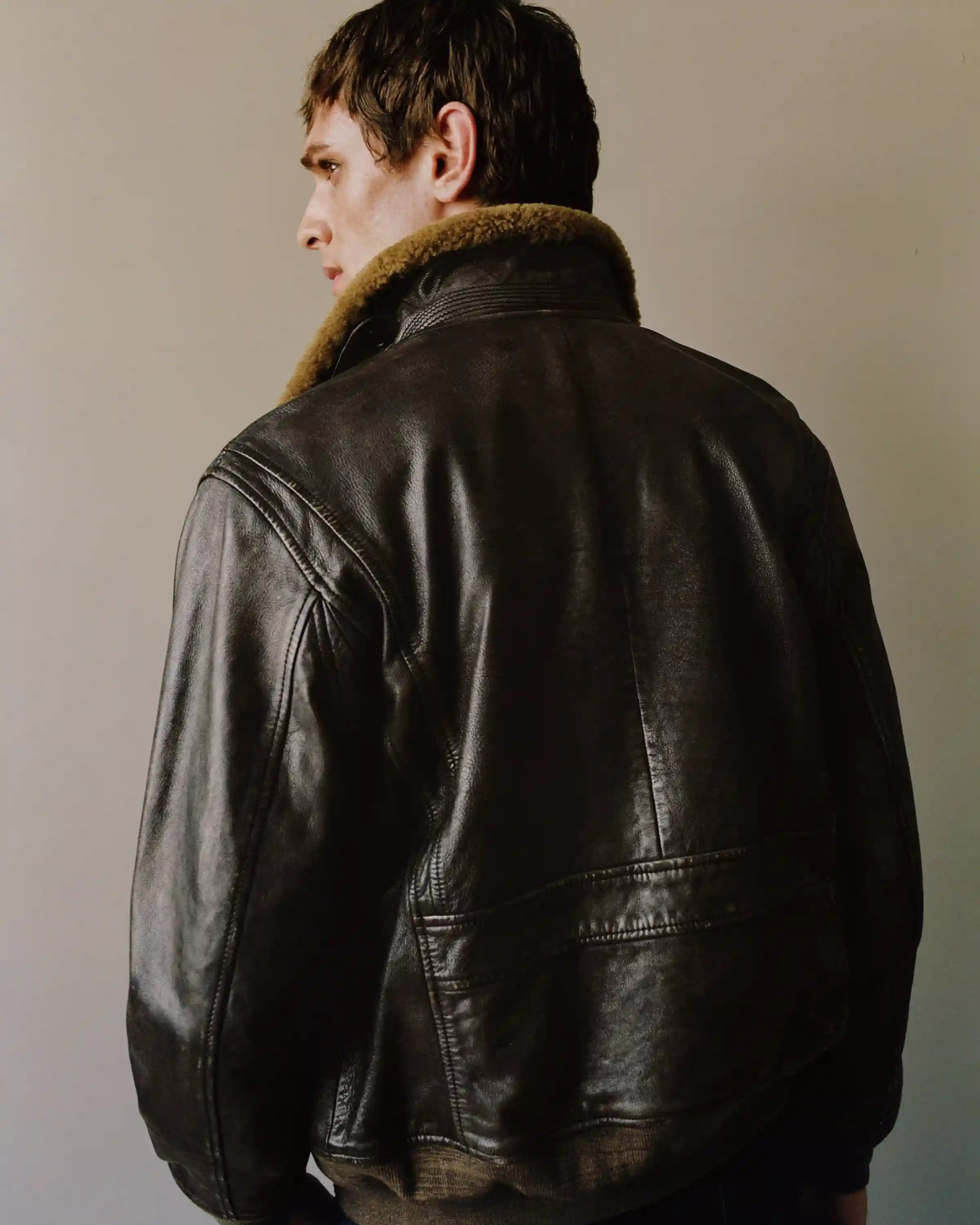 Shearling Collar Leather Flight Jacket