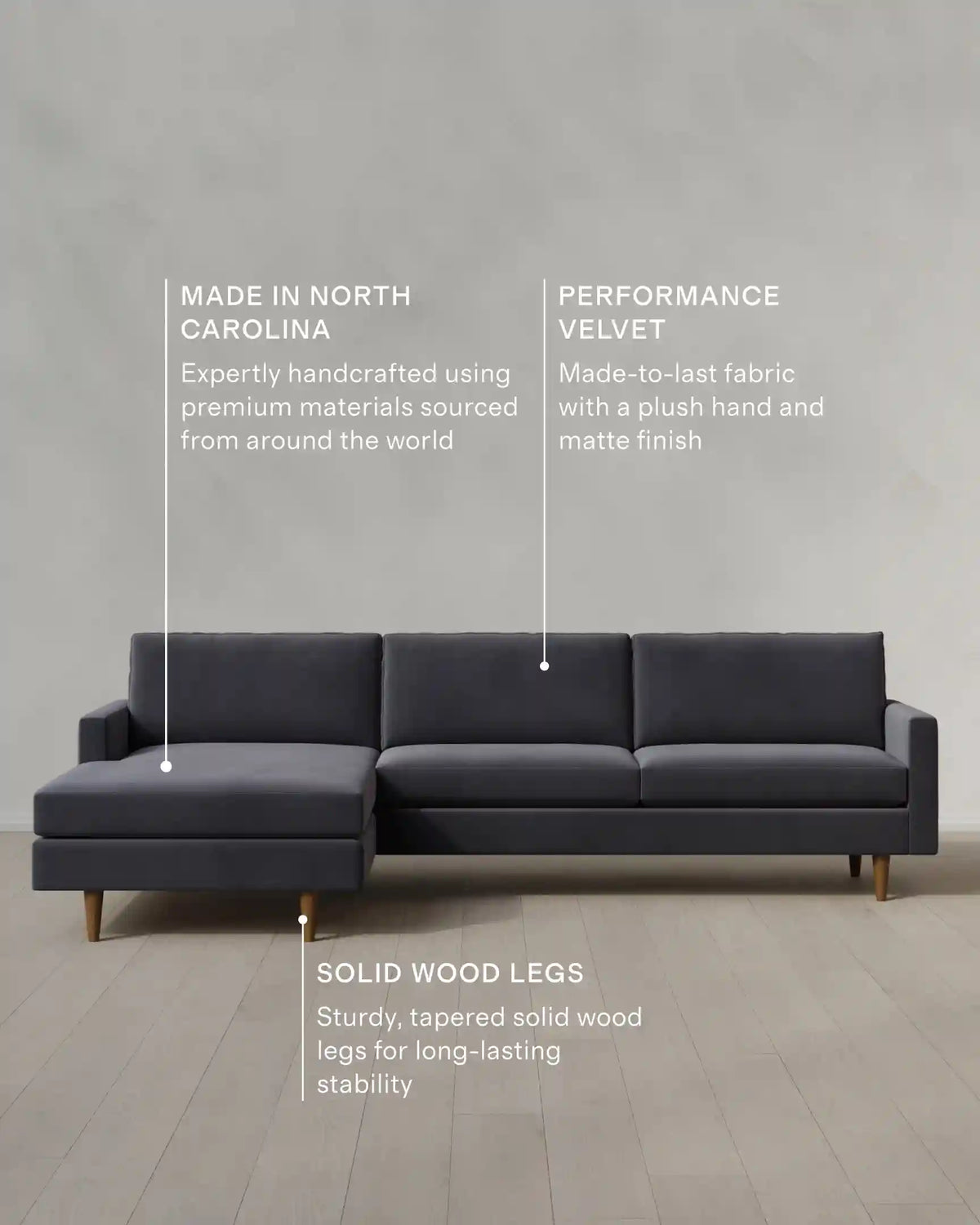 Atlas Midcentury Chaise Sectional in Performance Velvet