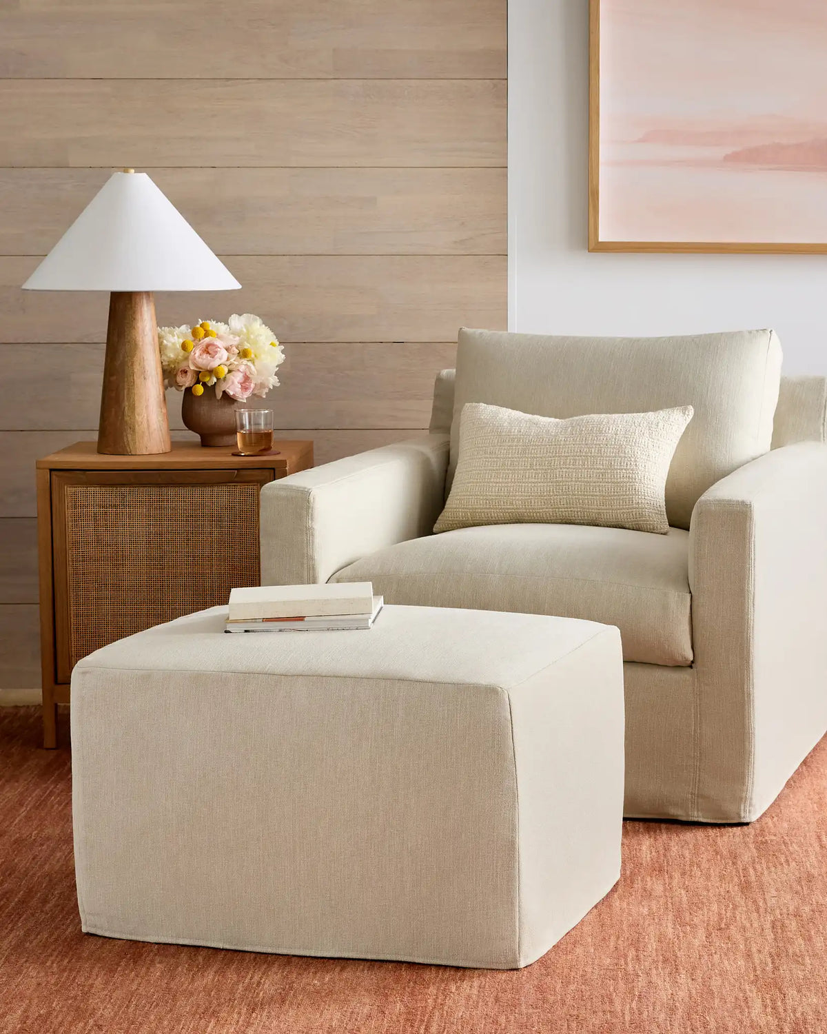 Ellery Slipcover Ottoman in Performance Linen
