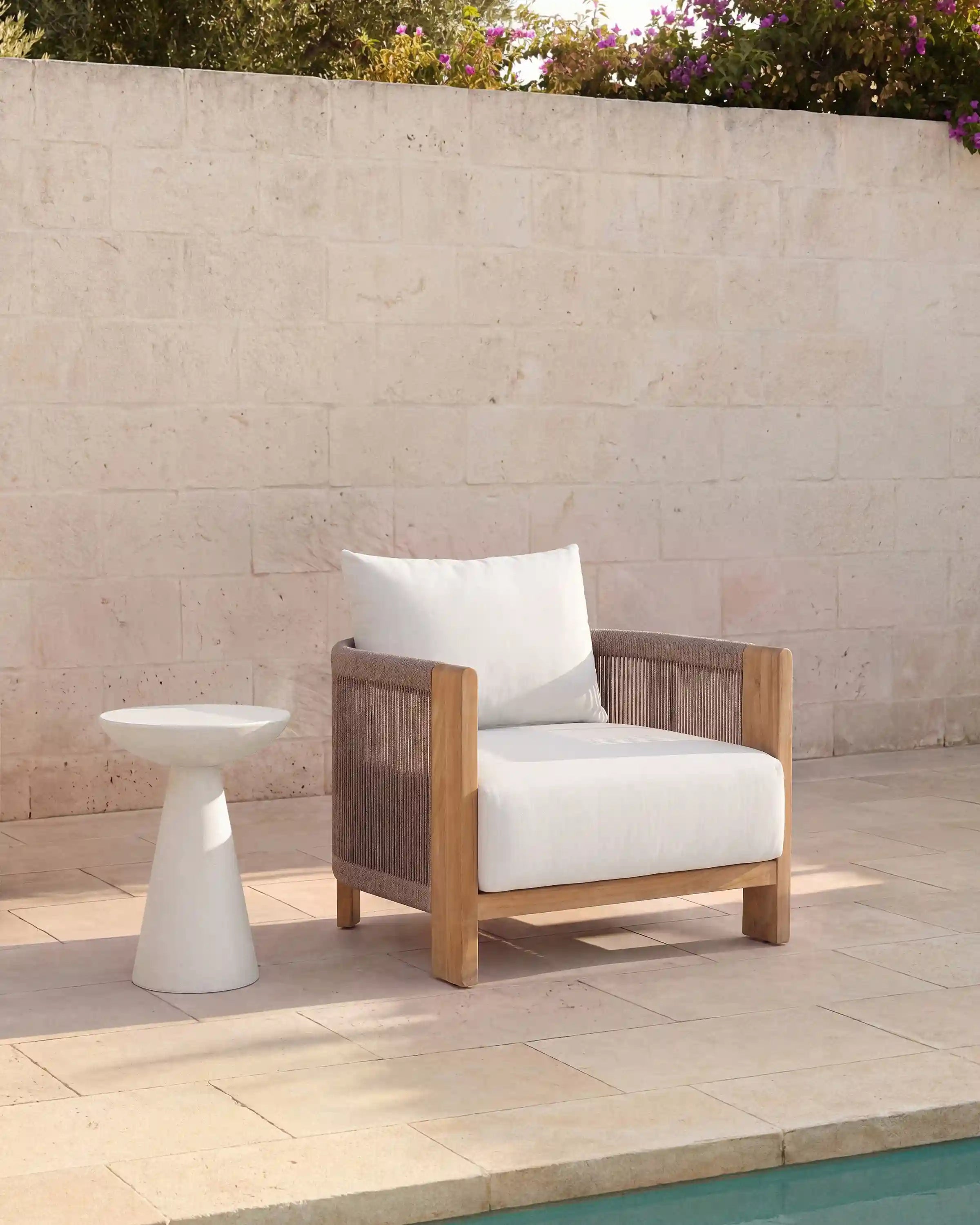 Curved Solid Teak and All-Weather Rope Outdoor Lounge Chair