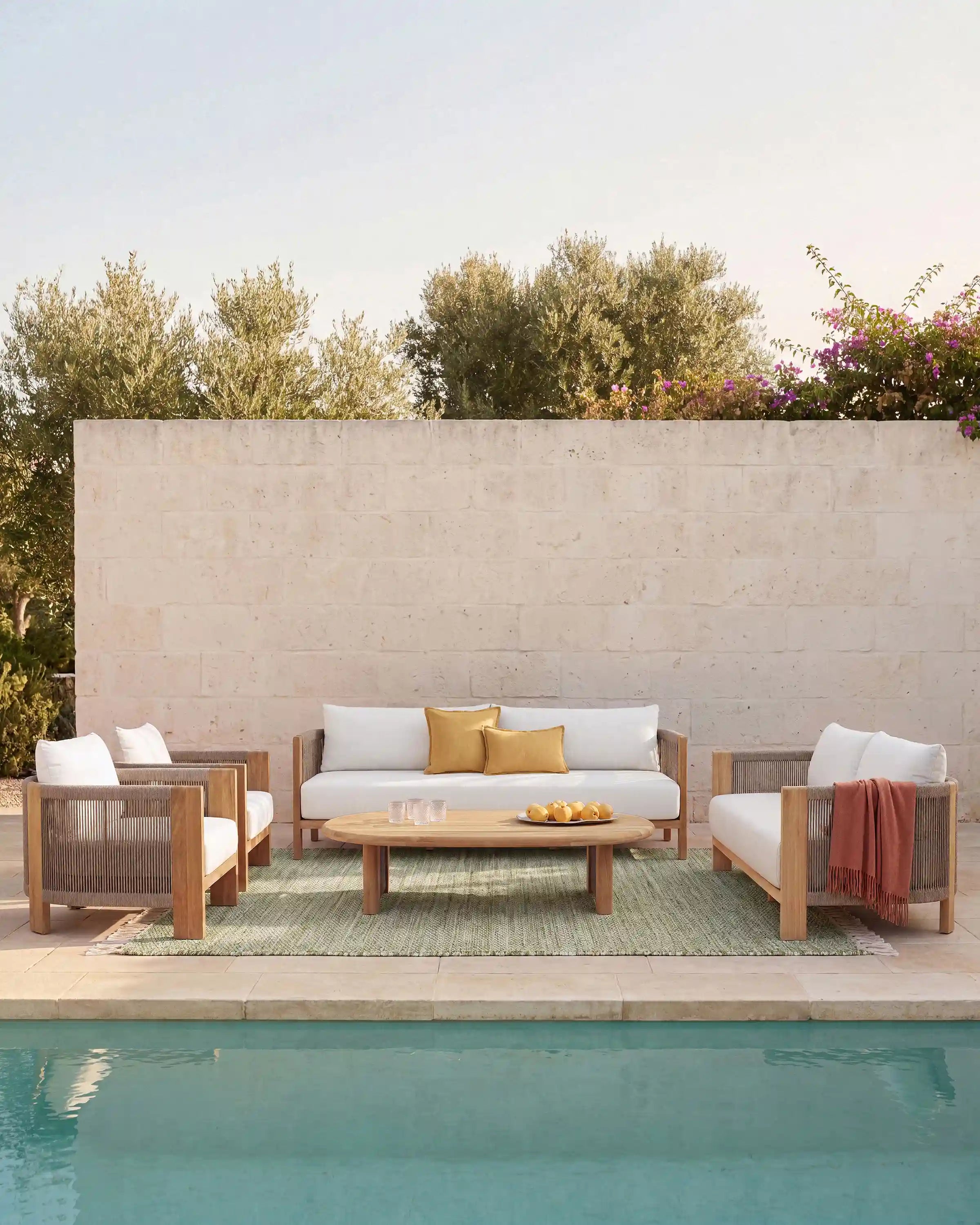 Curved Solid Teak and All-Weather Rope Outdoor Coffee Table