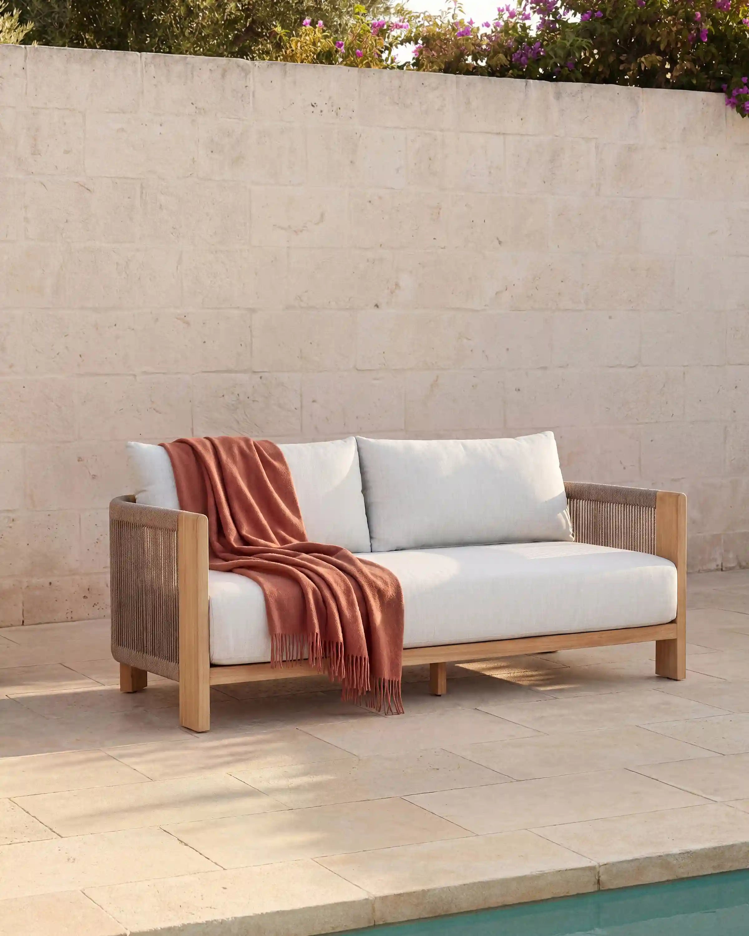 Curved Solid Teak and All-Weather Rope Outdoor Sofa