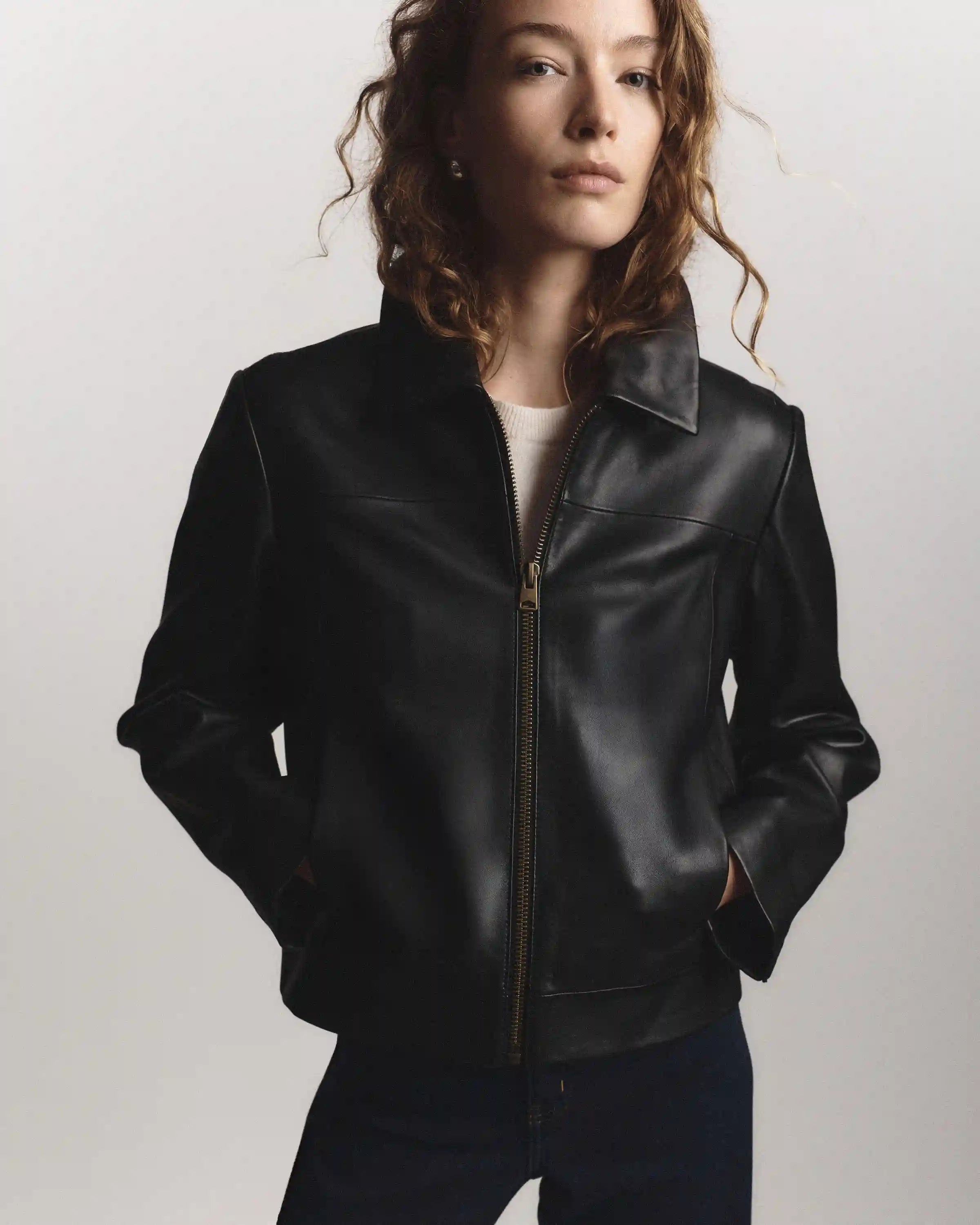 100% Leather Cropped Zip-Front Jacket