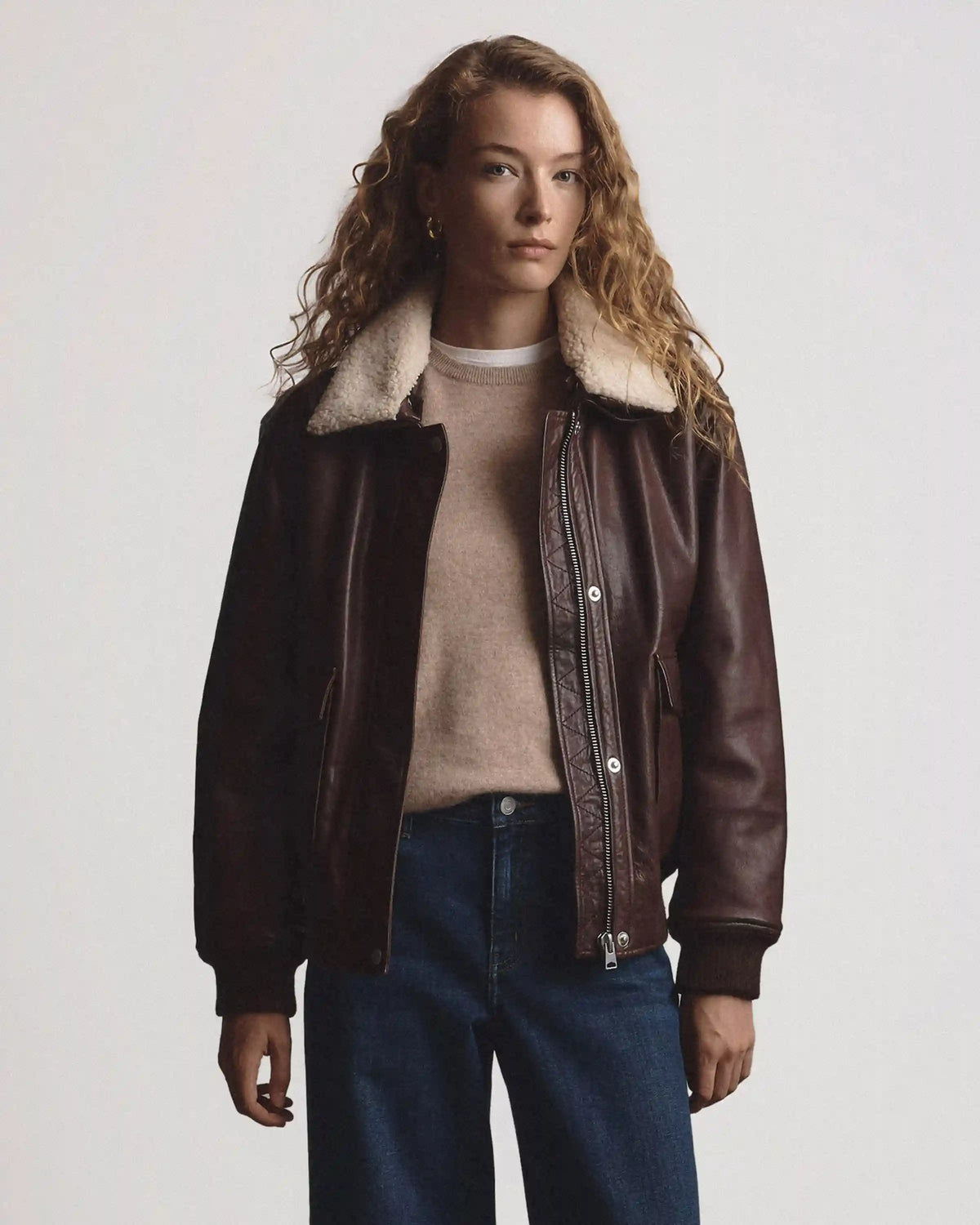 100% Leather Shearling Trim Aviator Jacket