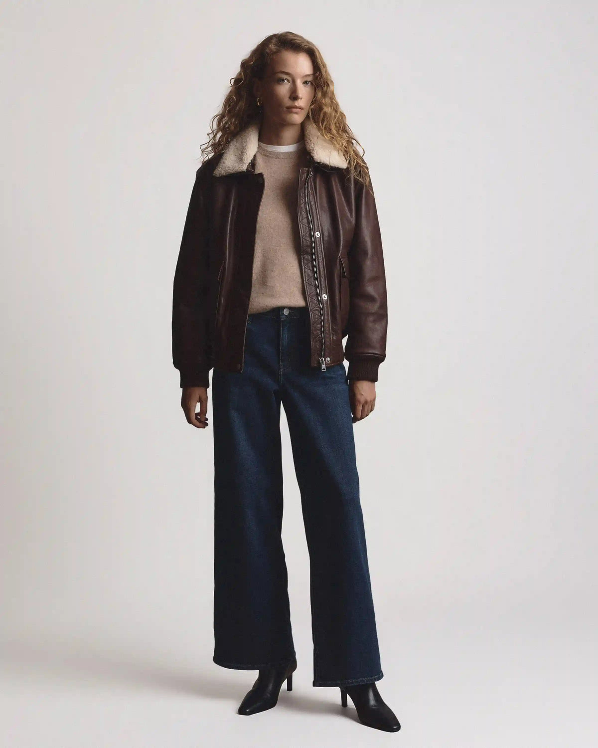 100% Leather Shearling Trim Aviator Jacket