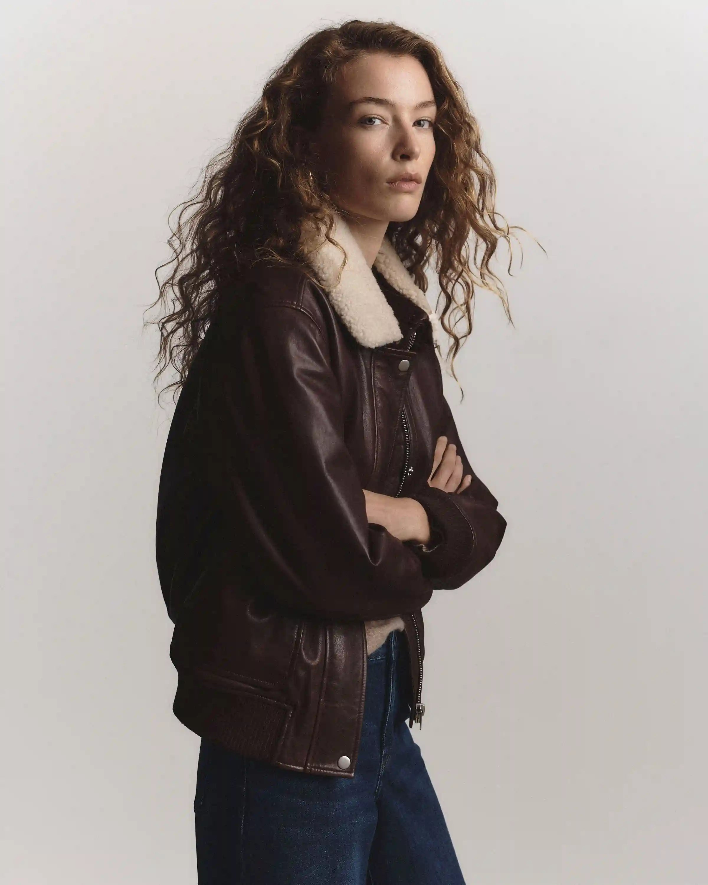 100% Leather Shearling Trim Aviator Jacket