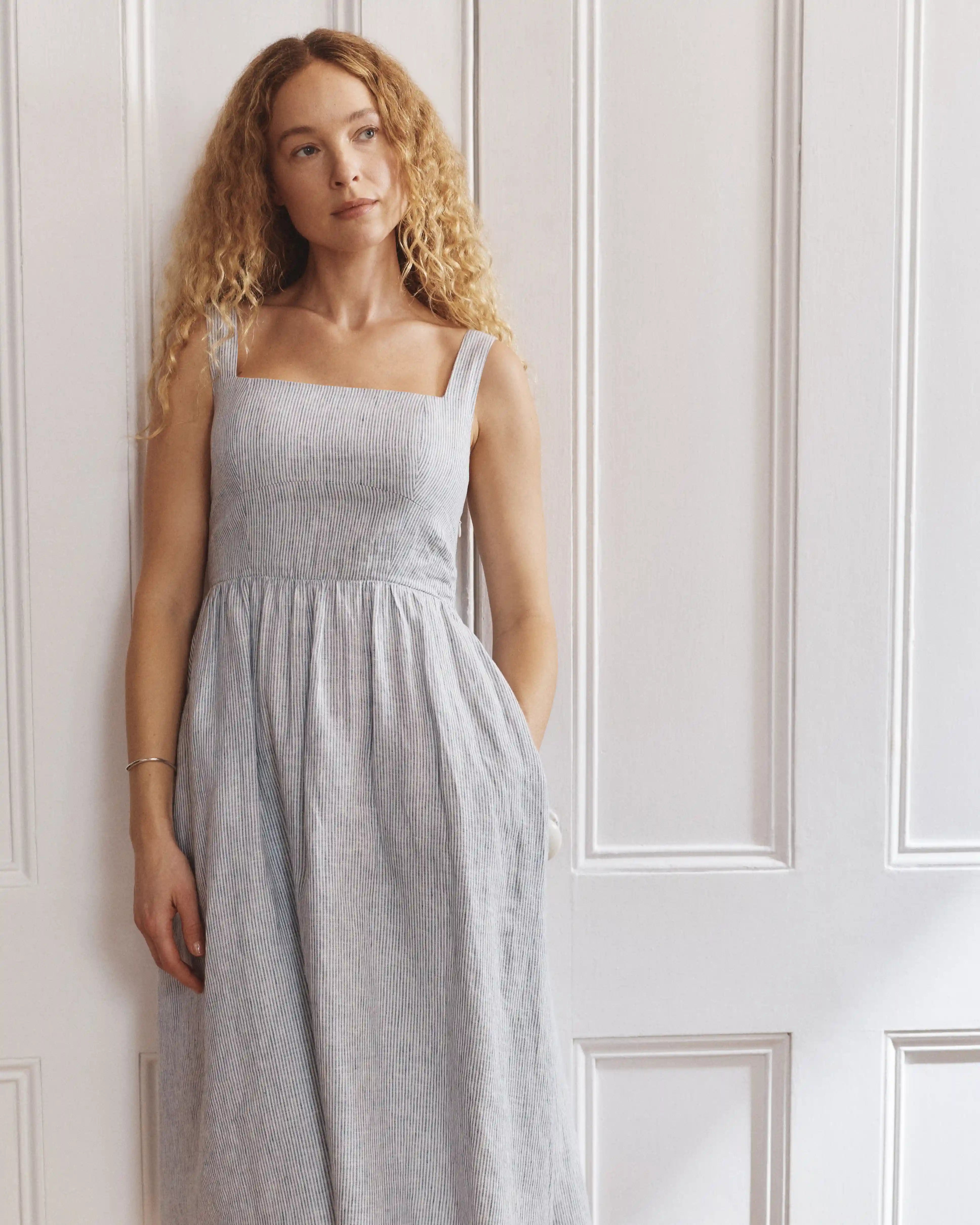 100% European Linen Fit & Flare Midi Dress