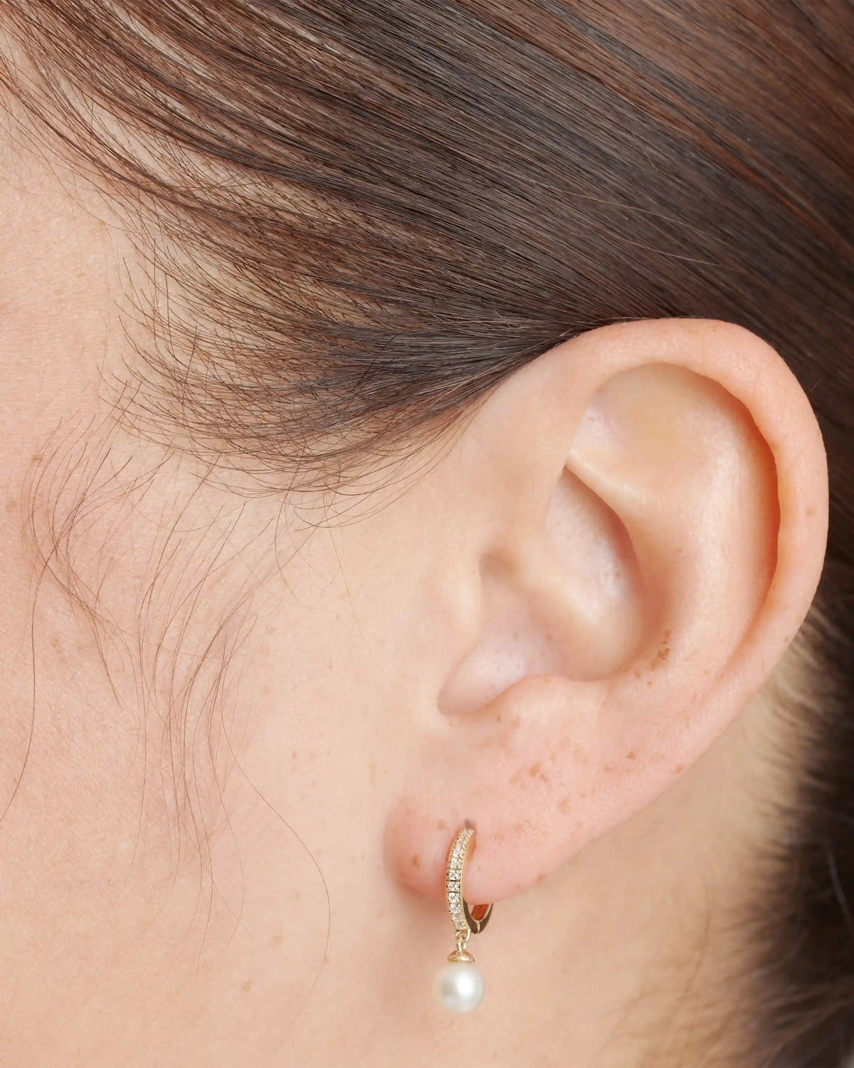14K Gold Pave Diamond Hoop Pearl Drop Earrings