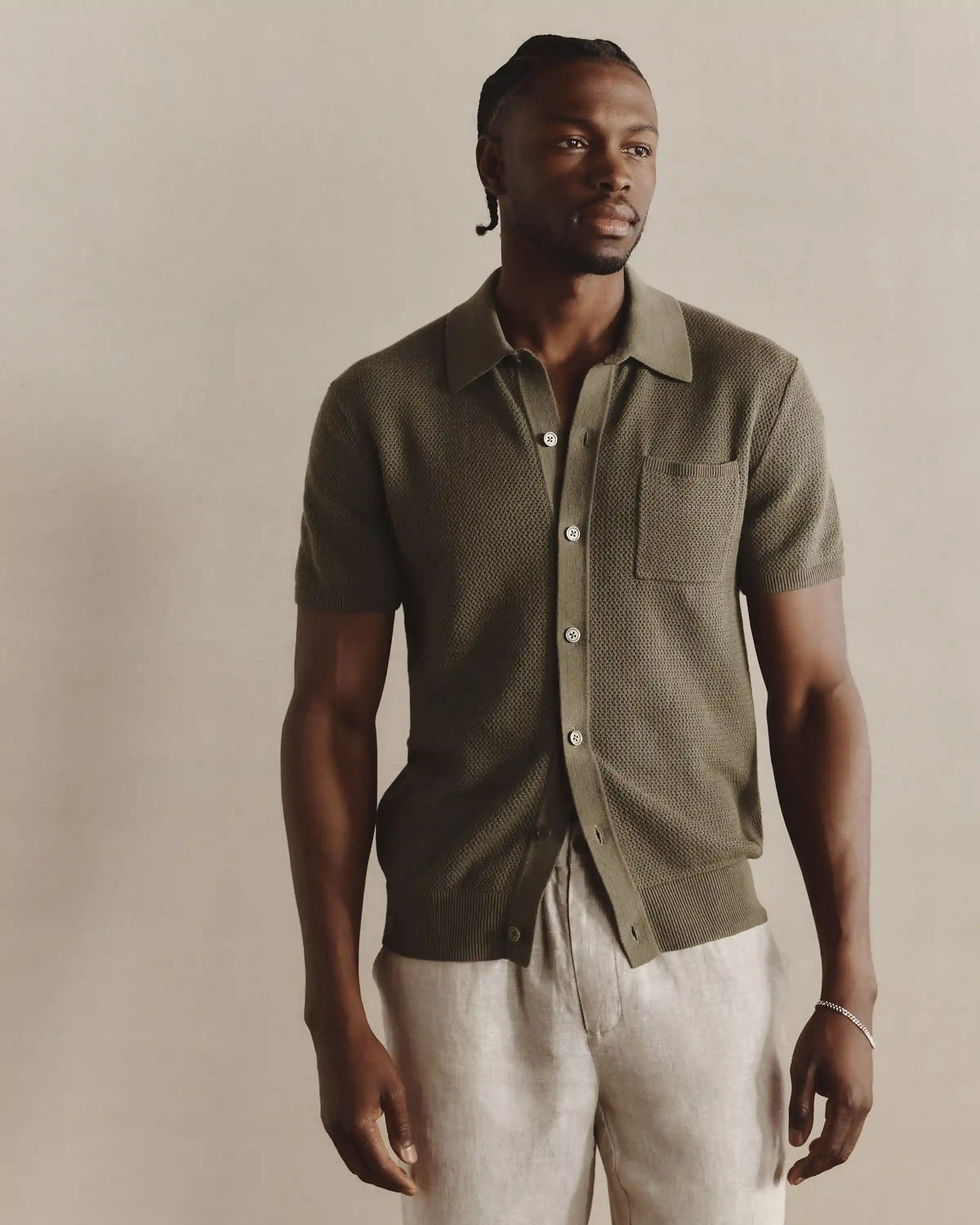 100% Organic Cotton Mesh-Stitch Button-Up Sweater Polo
