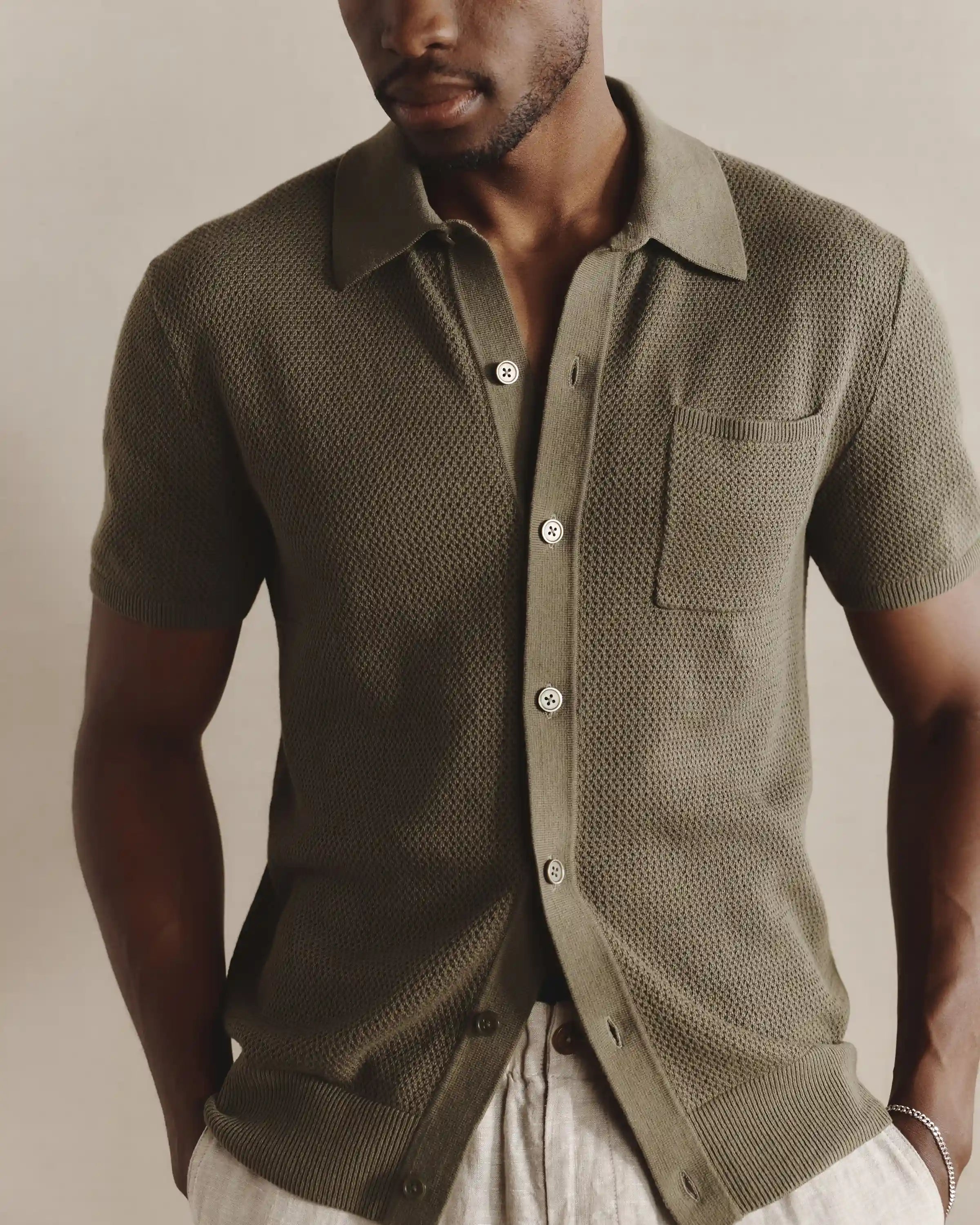 100% Organic Cotton Mesh-Stitch Button-Up Sweater Polo