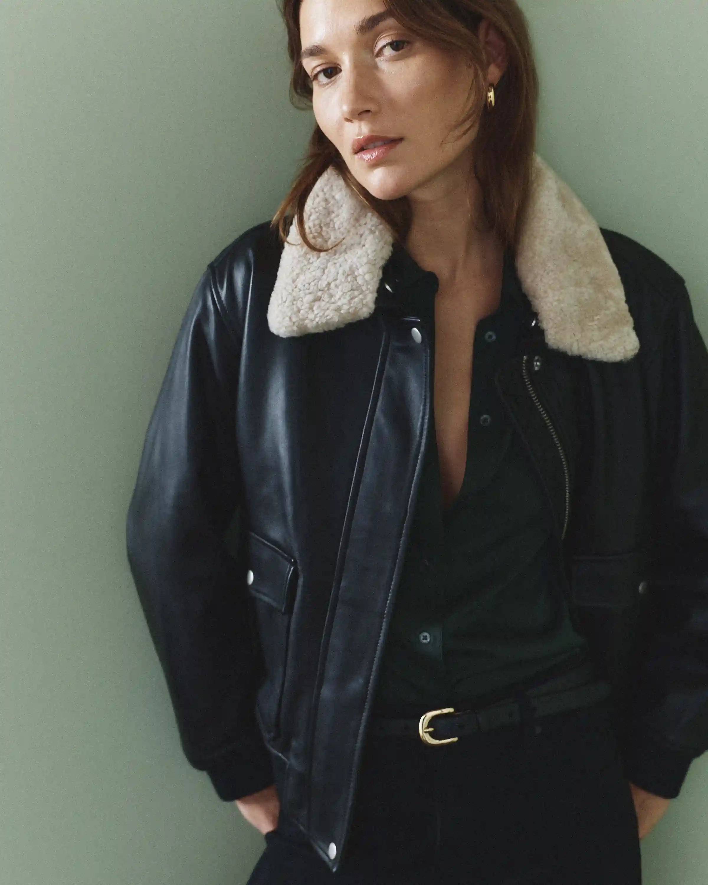 100% Leather Shearling Trim Aviator Jacket