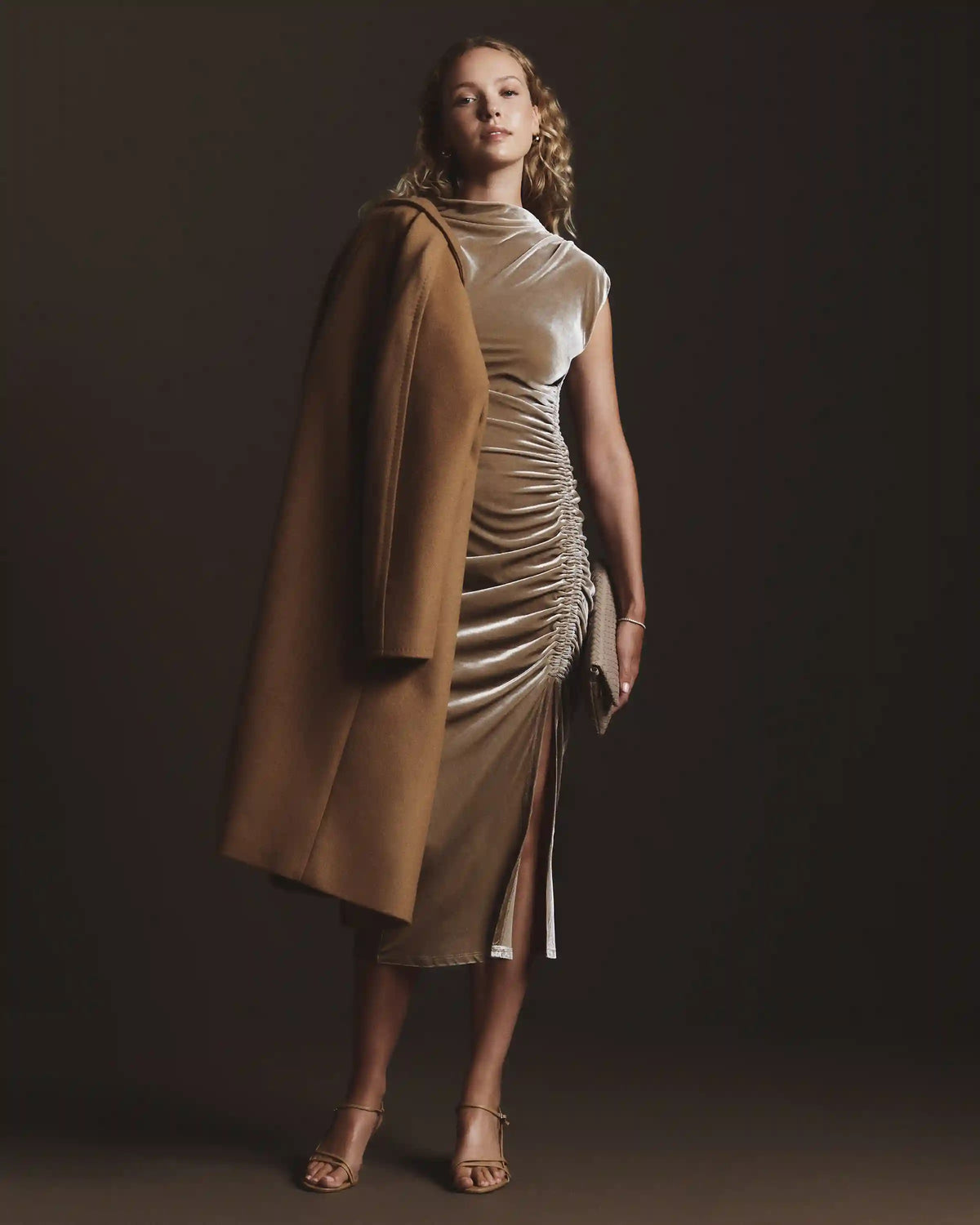 Stretch Silk Velvet Ruched Midi Dress