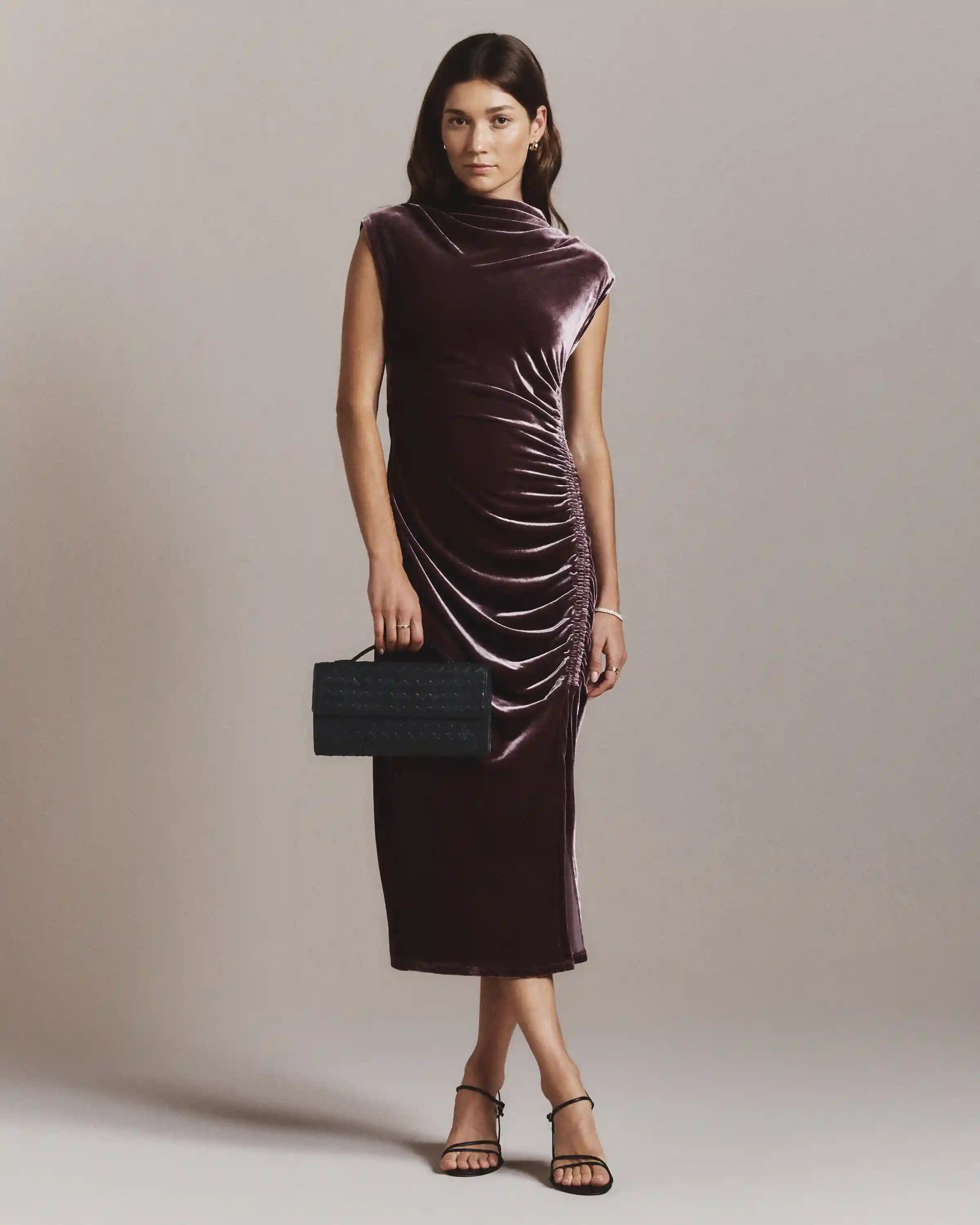 Stretch Silk Velvet Ruched Midi Dress