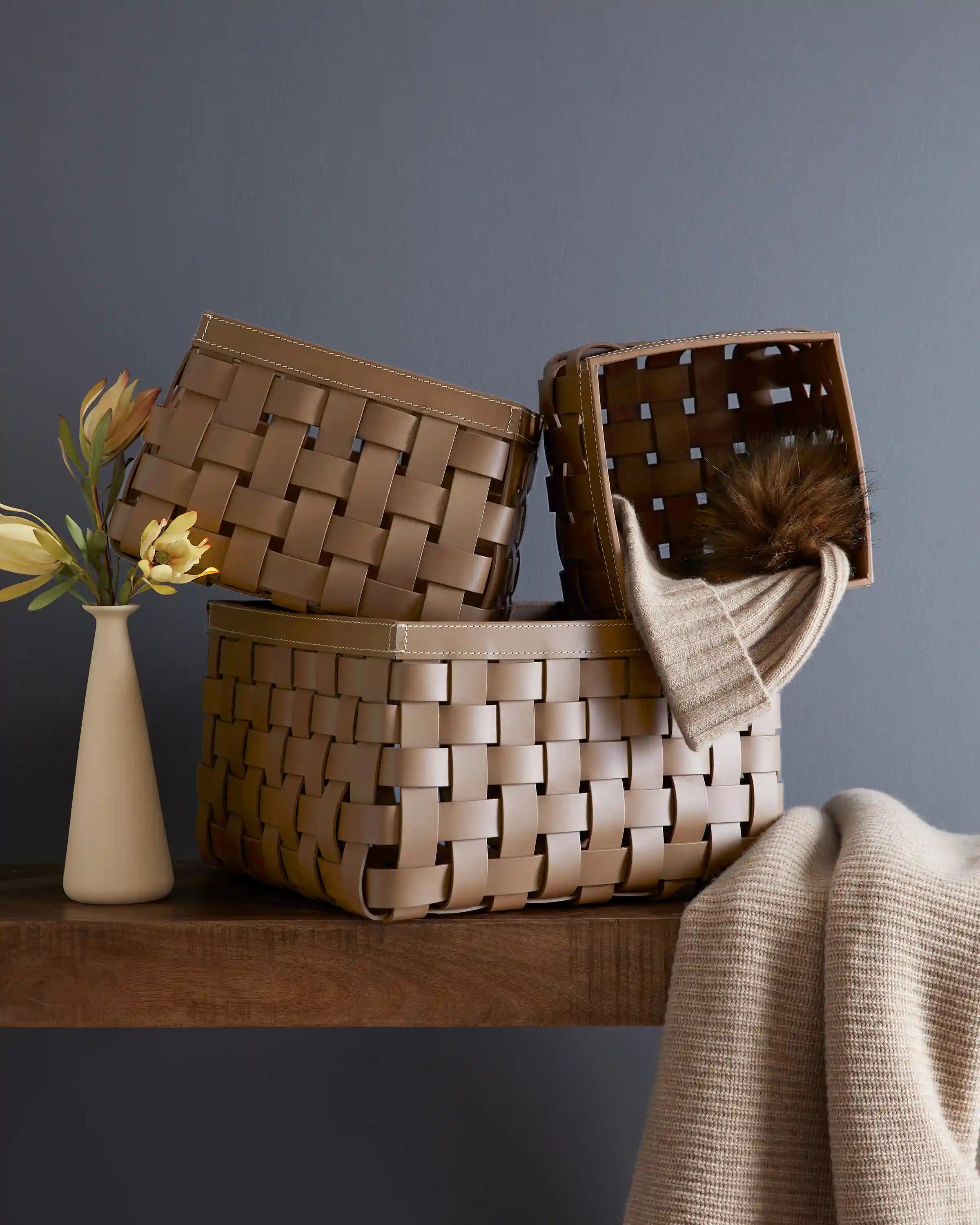 Recycled Woven Leather Baskets (set of 3)