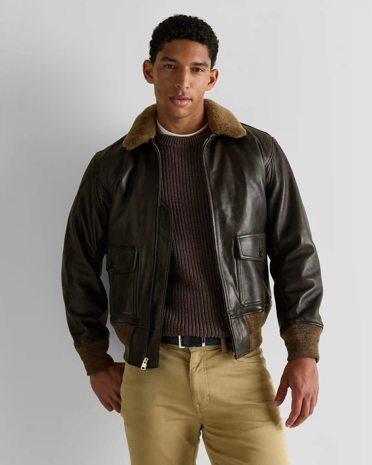 Shearling Collar Leather Flight Jacket