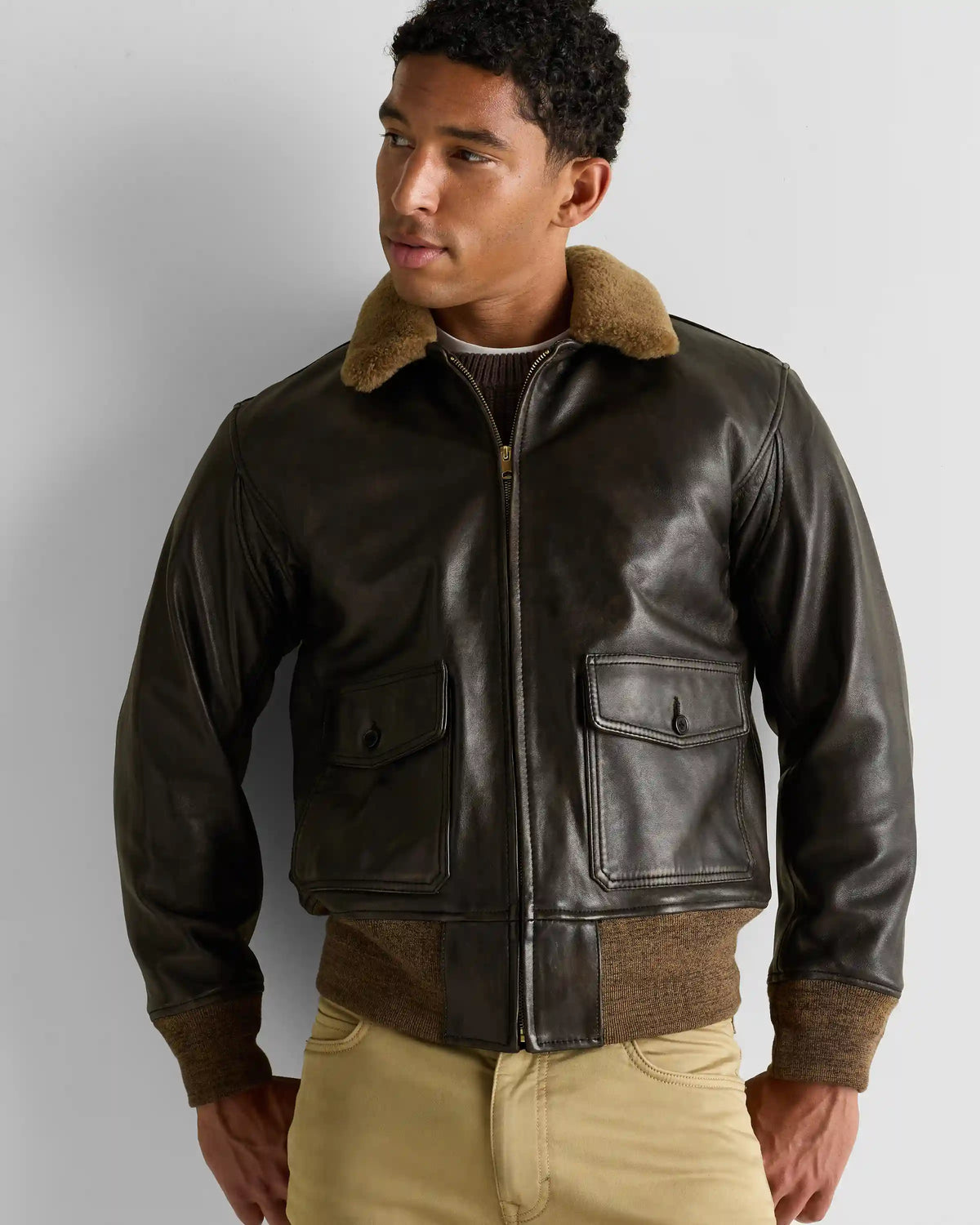 Shearling Collar Leather Flight Jacket