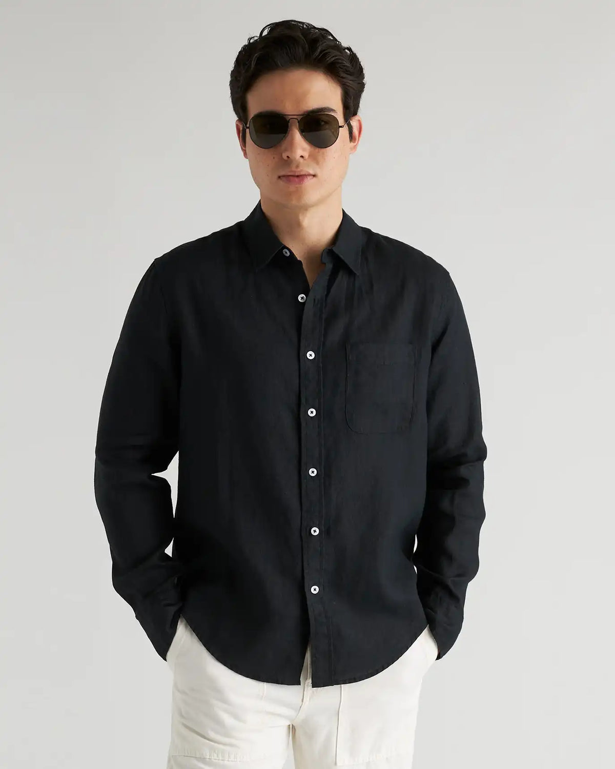 100% European Linen Relaxed Long Sleeve Pocket Shirt