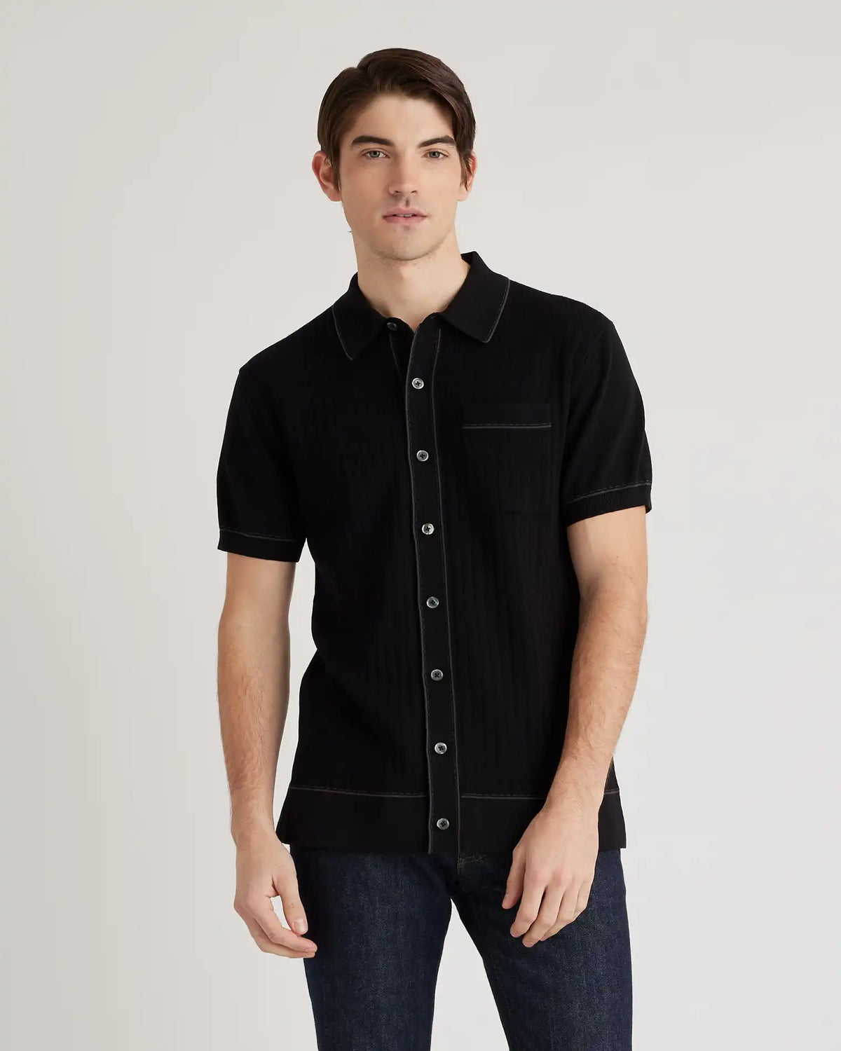 Organic Cotton-Silk Tipped Button Down Polo Sweater
