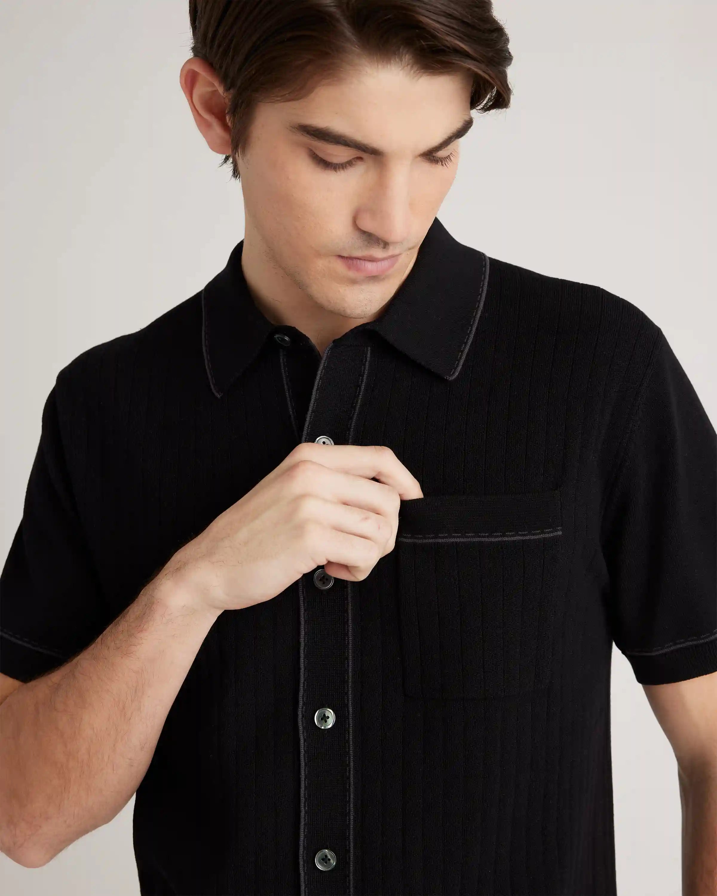 Organic Cotton-Silk Tipped Button Down Polo Sweater