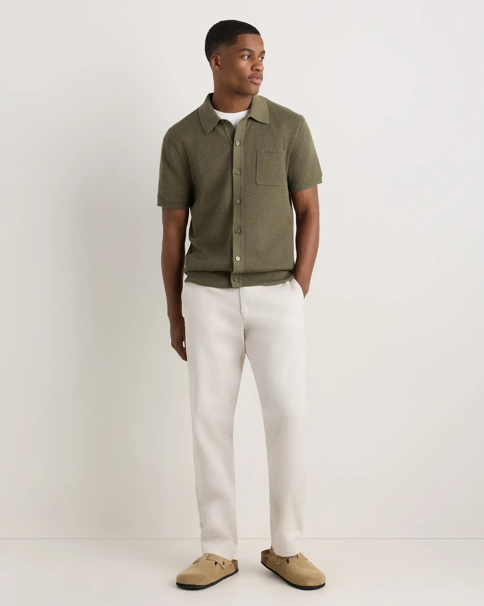 100% Organic Cotton Mesh-Stitch Button-Up Sweater Polo