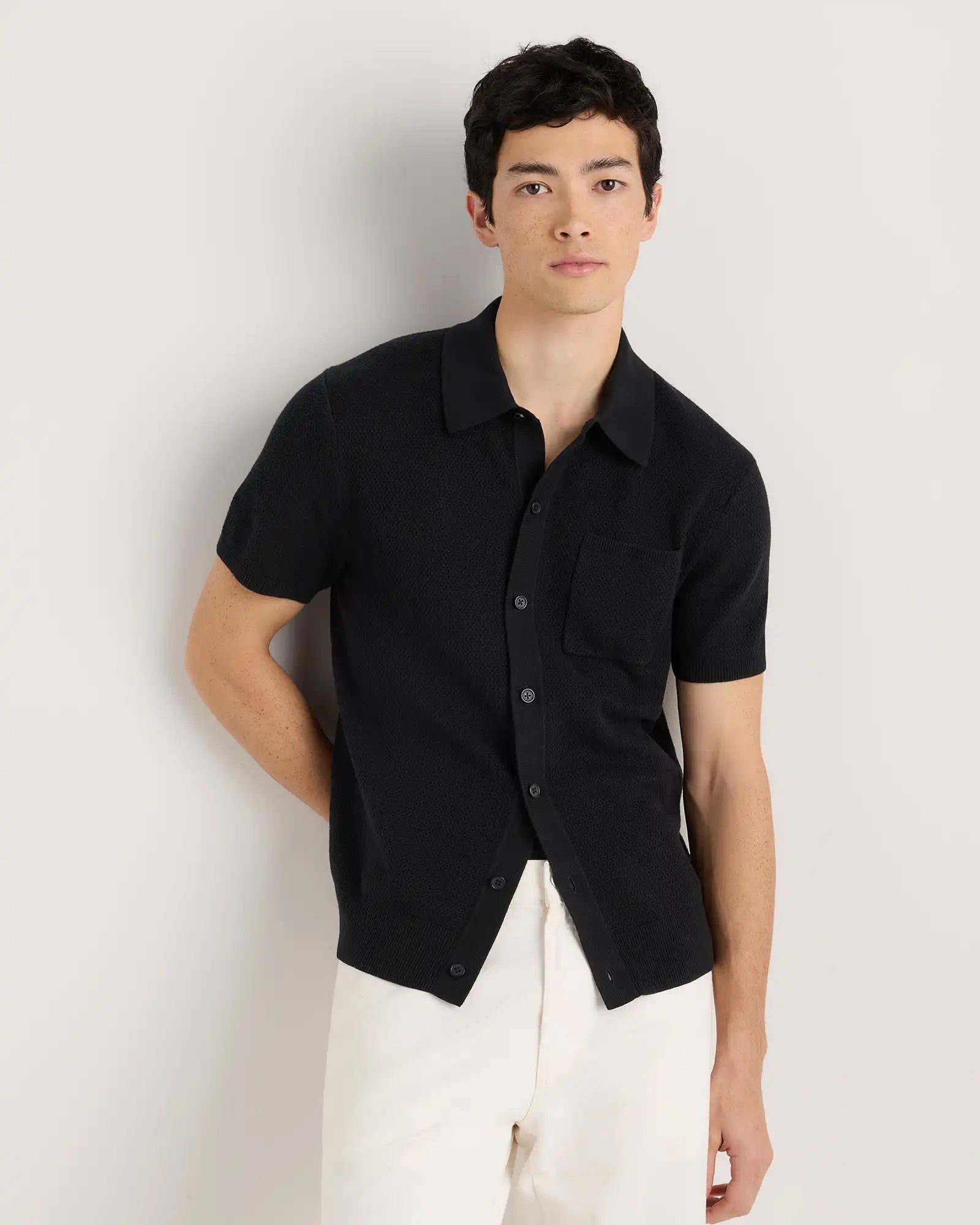 100% Organic Cotton Mesh-Stitch Button-Up Sweater Polo