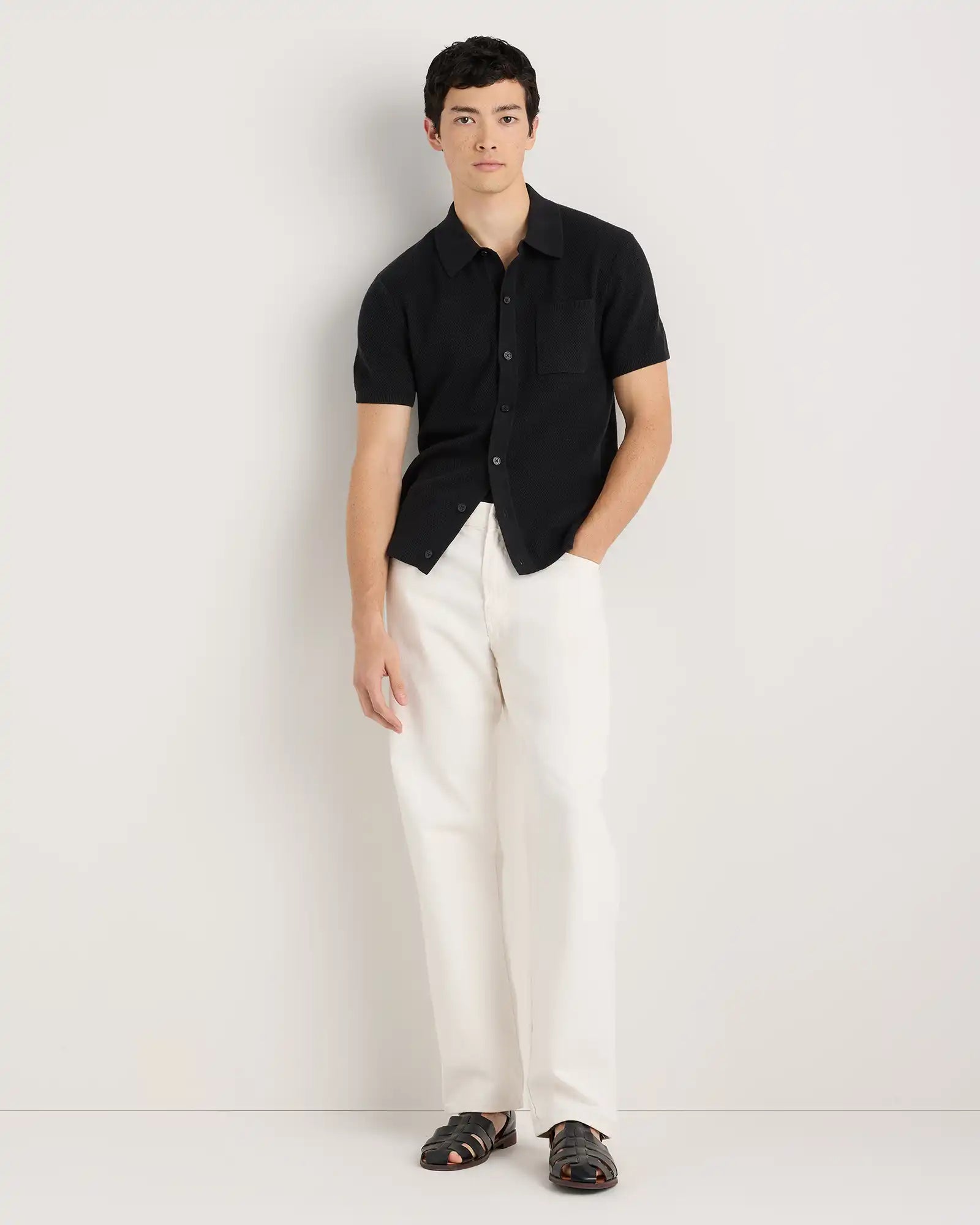 100% Organic Cotton Mesh-Stitch Button-Up Sweater Polo