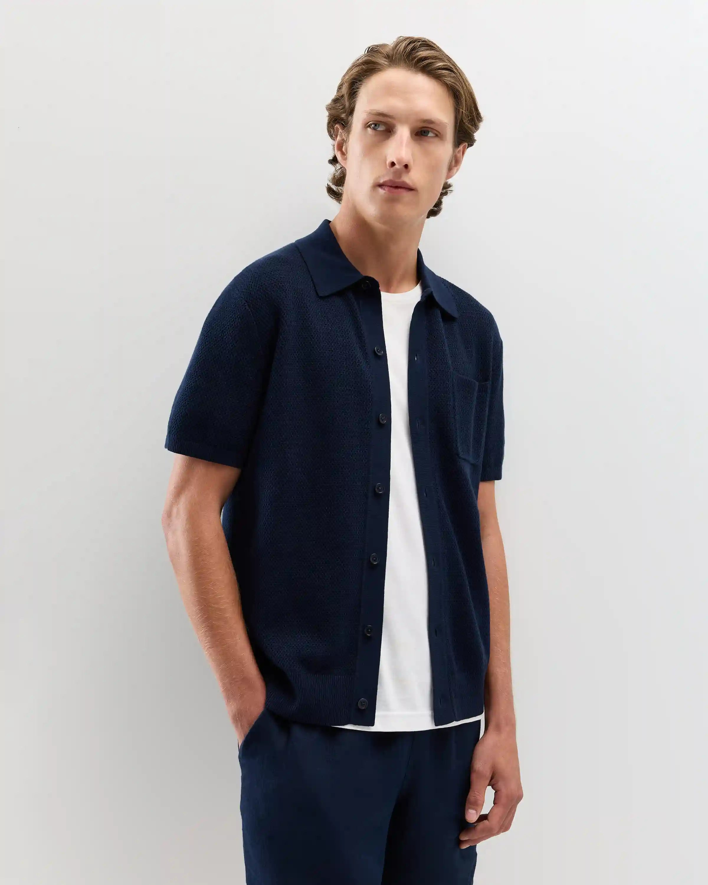 100% Organic Cotton Mesh-Stitch Button-Up Sweater Polo