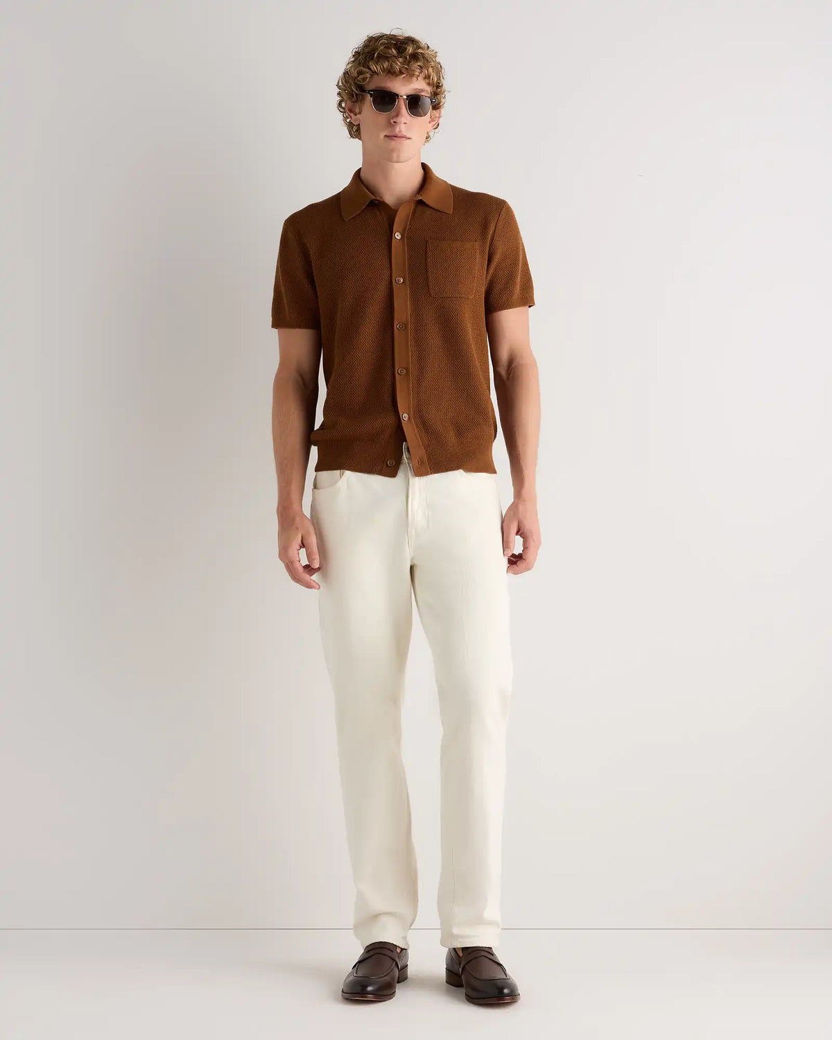 100% Organic Cotton Mesh-Stitch Button-Up Sweater Polo