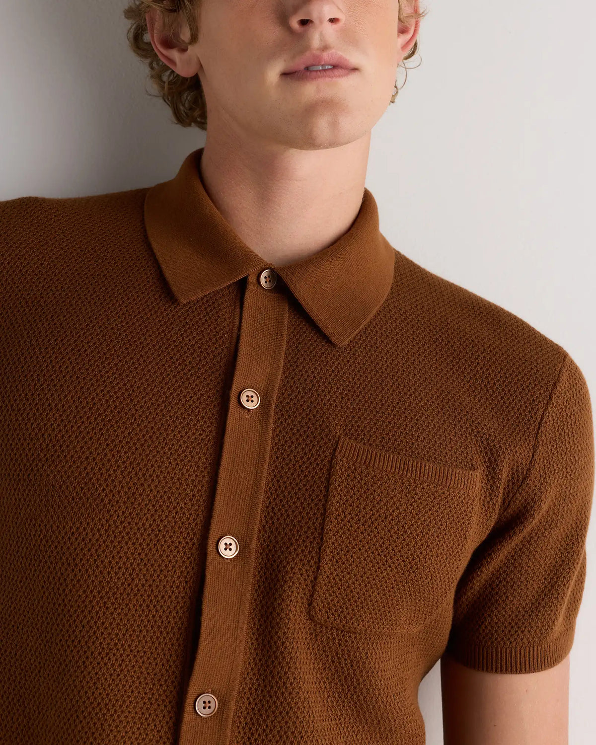 100% Organic Cotton Mesh-Stitch Button-Up Sweater Polo