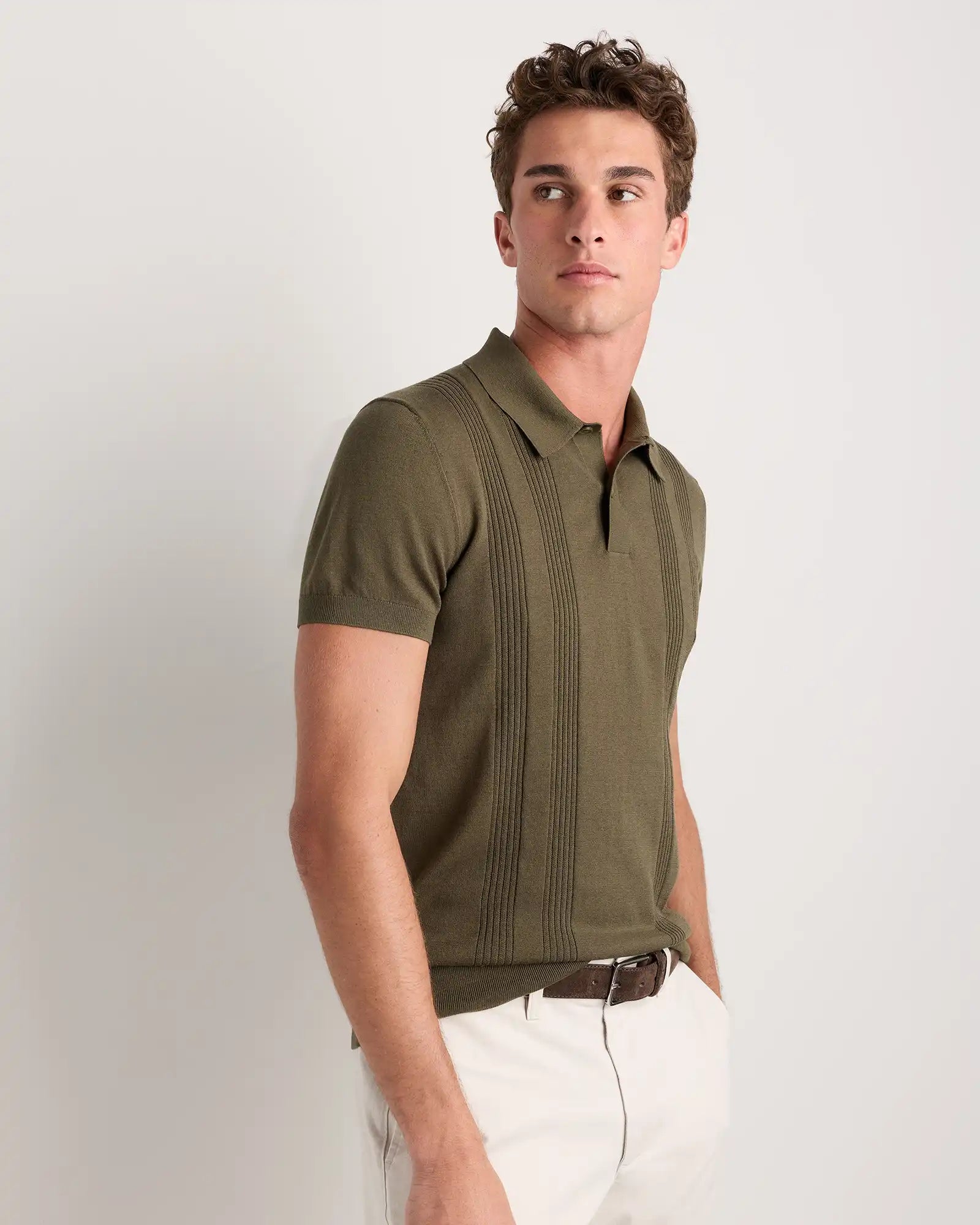 Cotton-Silk Ribbed Short Sleeve Sweater Polo
