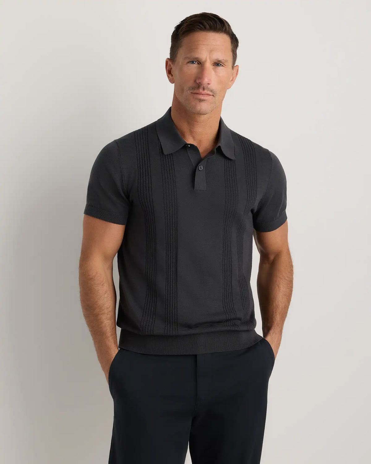 Cotton-Silk Ribbed Short Sleeve Sweater Polo