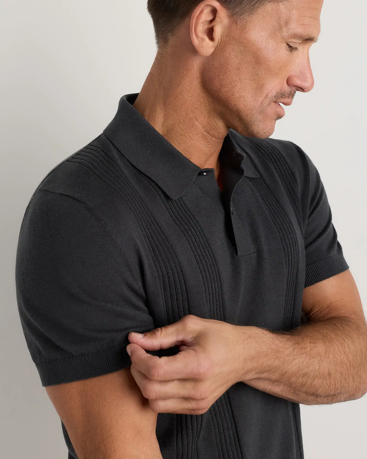 Cotton-Silk Ribbed Short Sleeve Sweater Polo