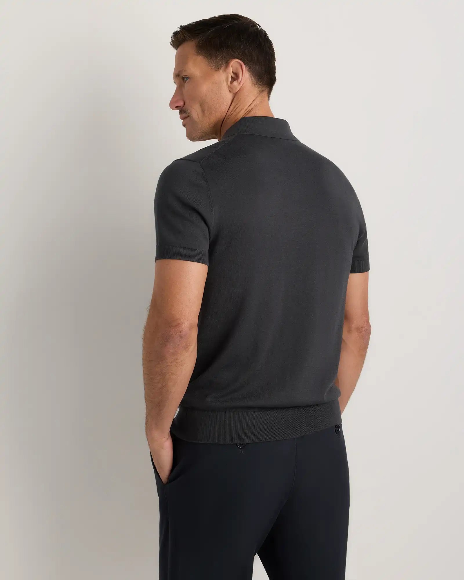 Cotton-Silk Ribbed Short Sleeve Sweater Polo