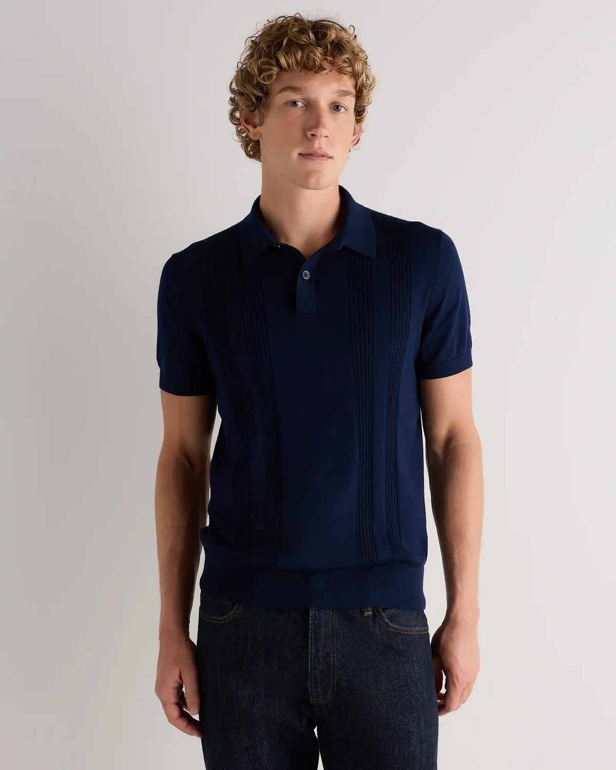 Cotton-Silk Ribbed Short Sleeve Sweater Polo
