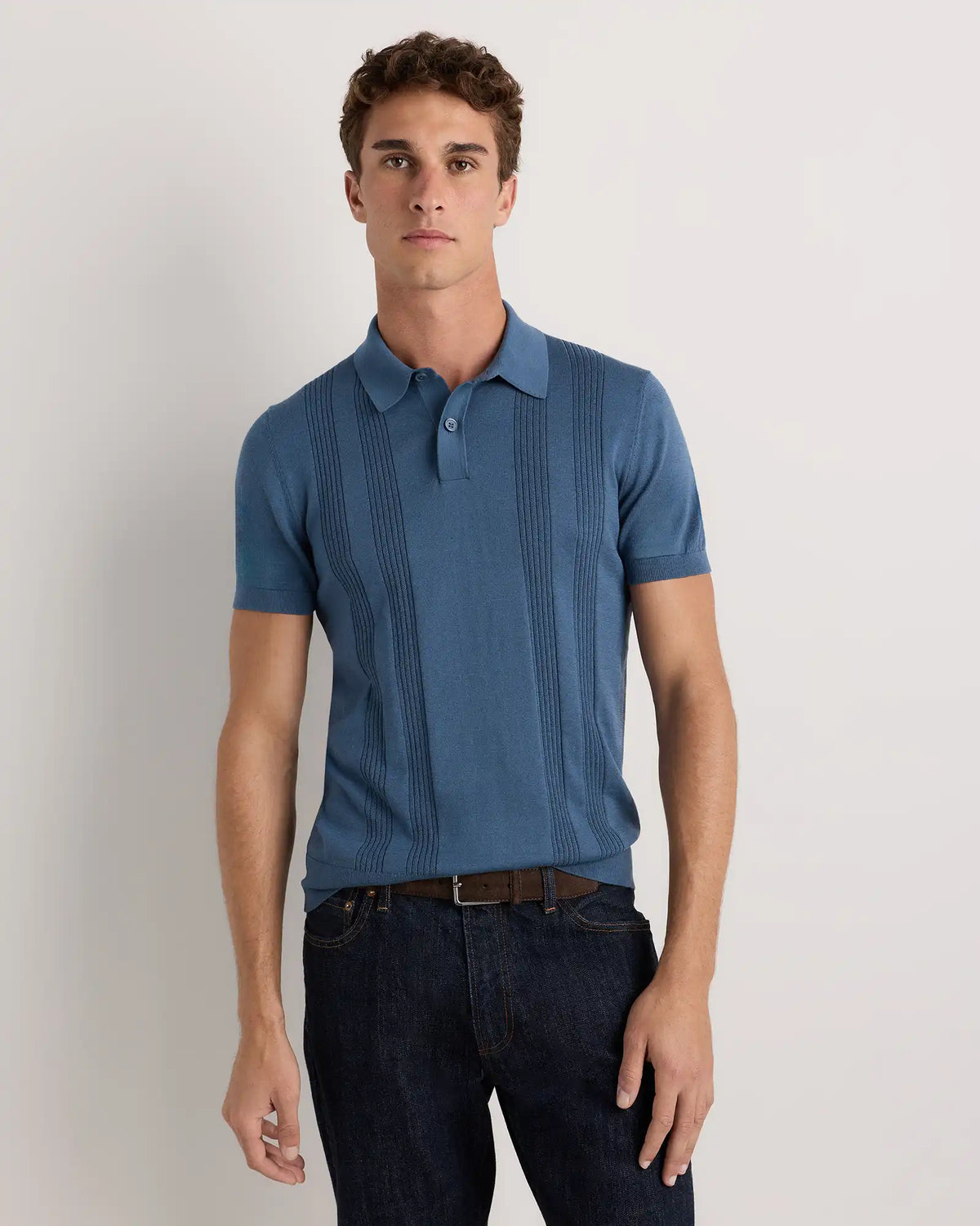 Cotton-Silk Ribbed Short Sleeve Sweater Polo