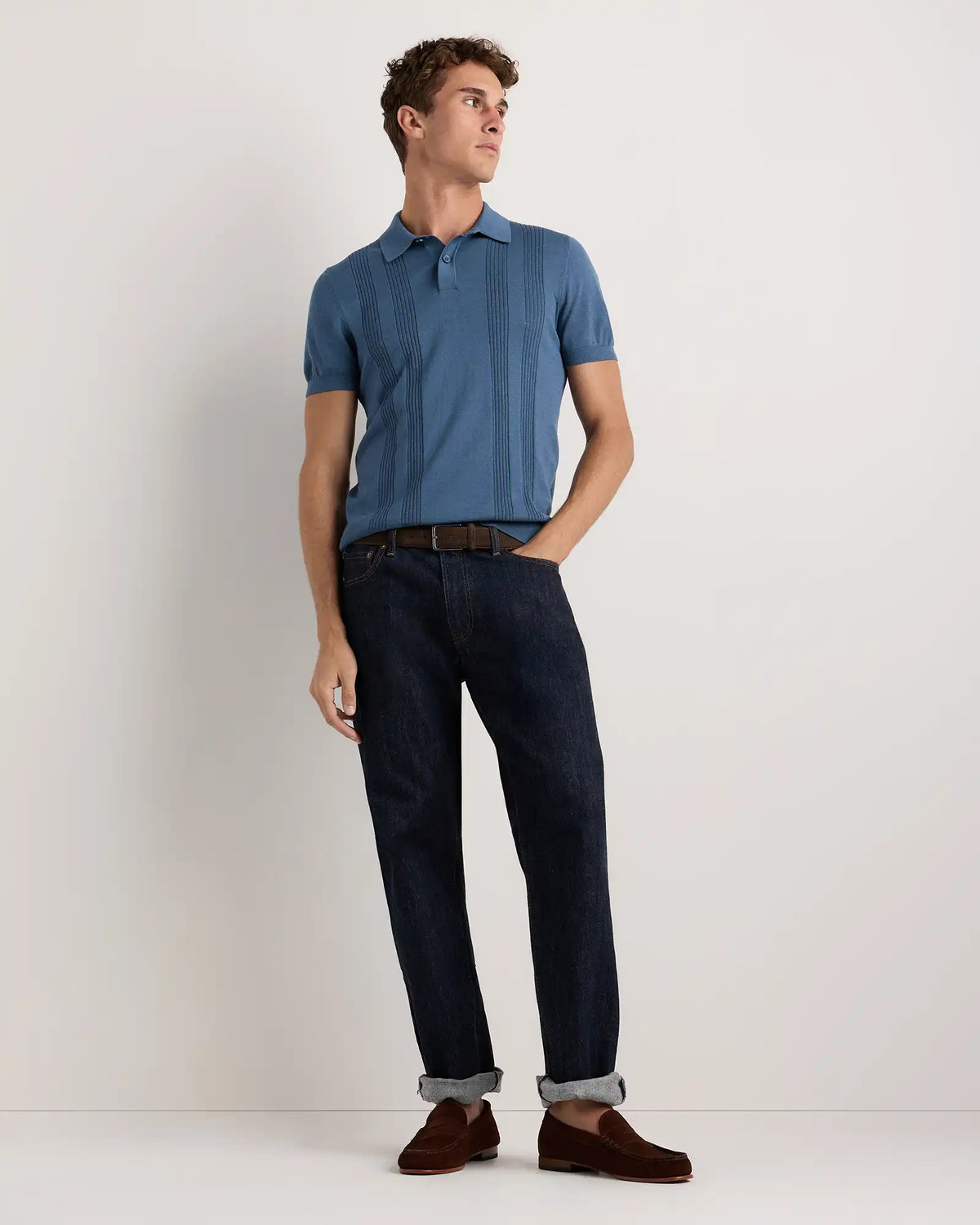 Cotton-Silk Ribbed Short Sleeve Sweater Polo
