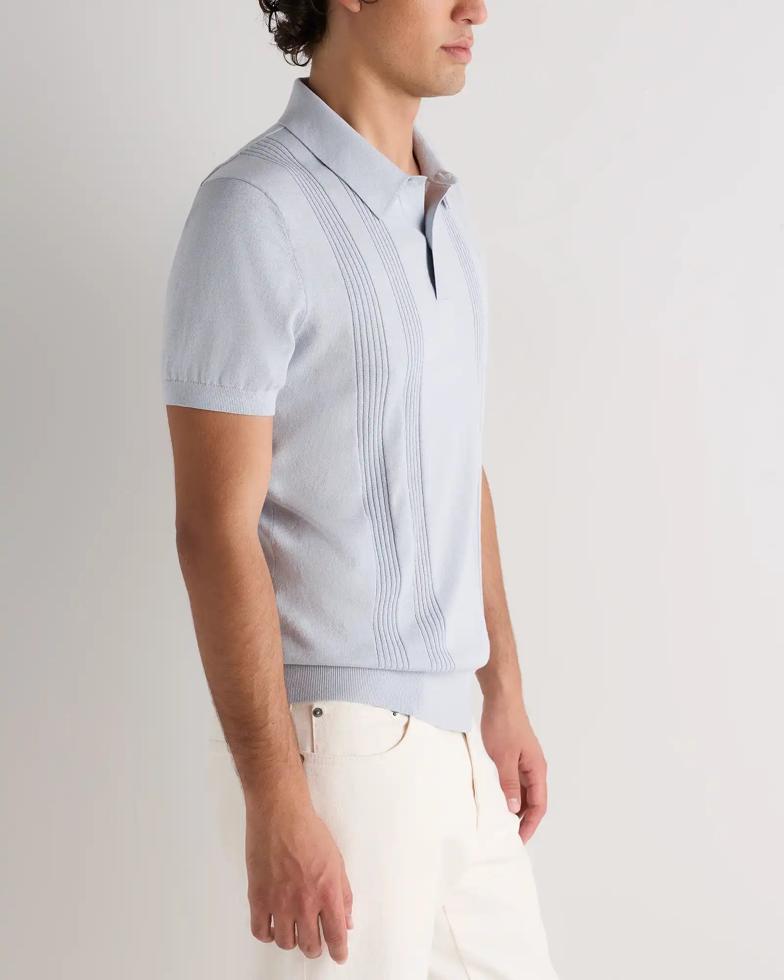 Cotton-Silk Ribbed Short Sleeve Sweater Polo