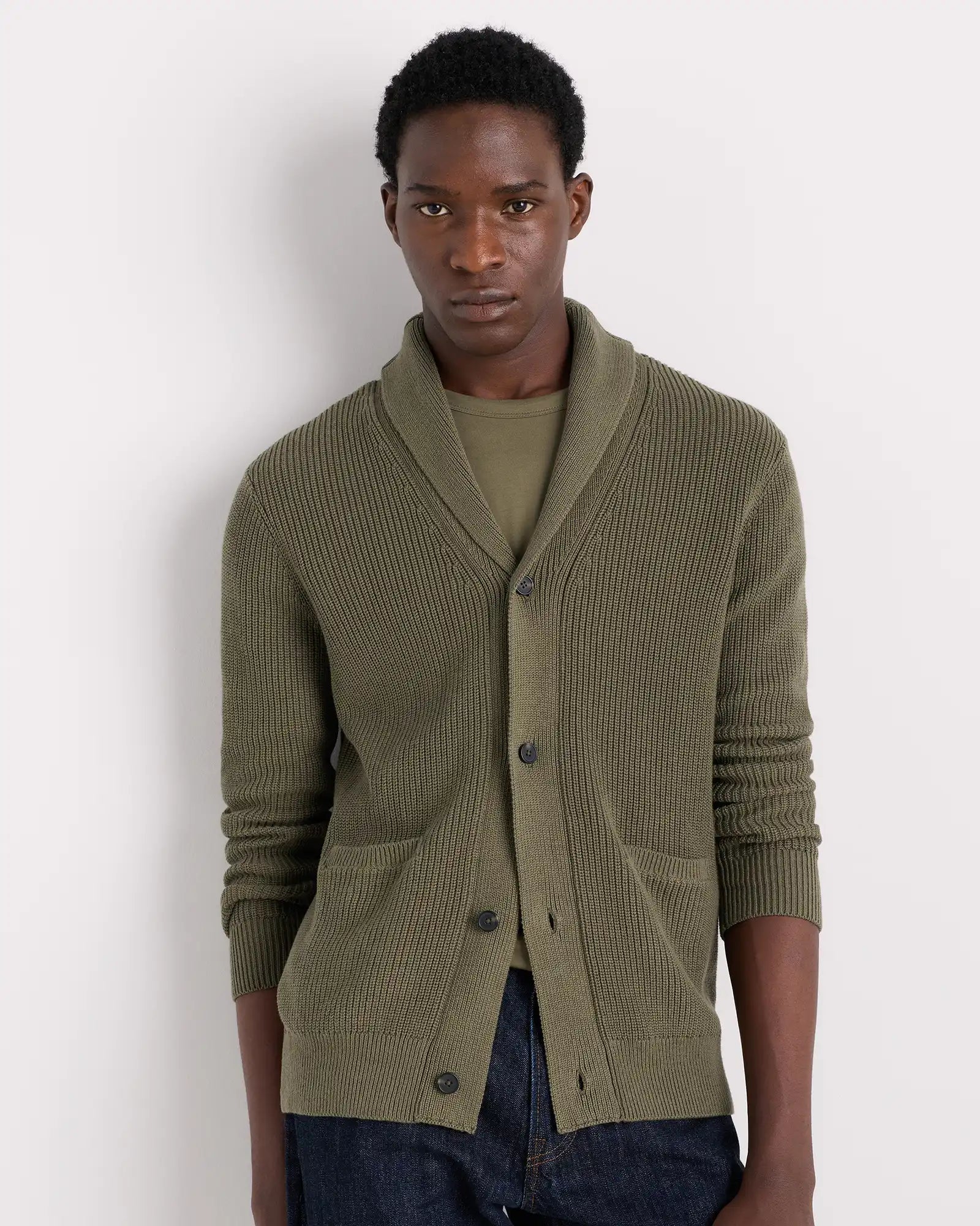 100% Organic Cotton Ribbed Shawl-Collar Cardigan Sweater