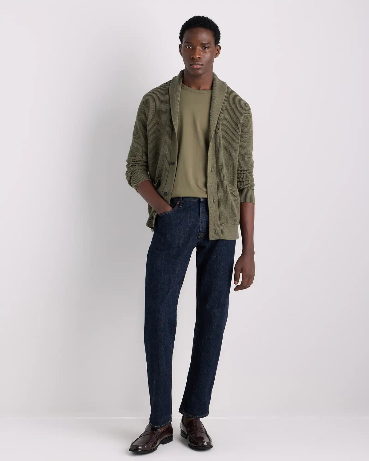 100% Organic Cotton Ribbed Shawl-Collar Cardigan Sweater
