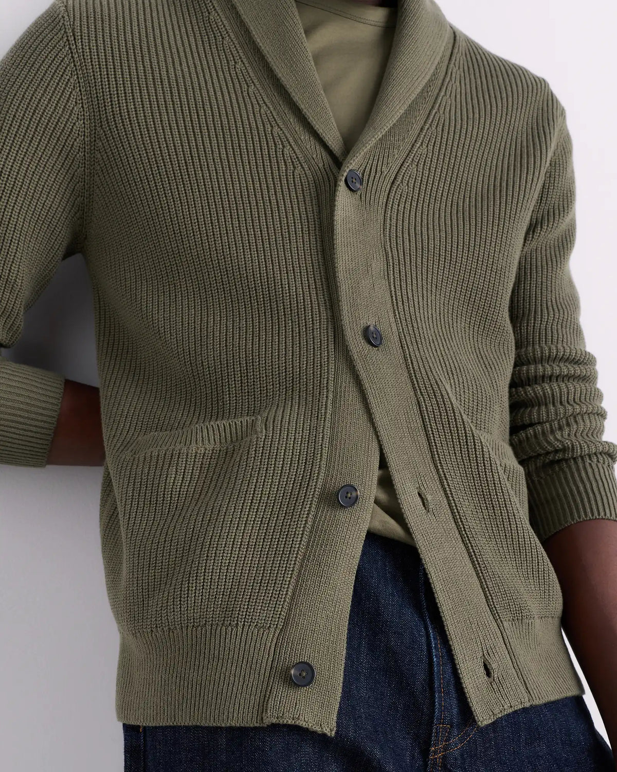 100% Organic Cotton Ribbed Shawl-Collar Cardigan Sweater