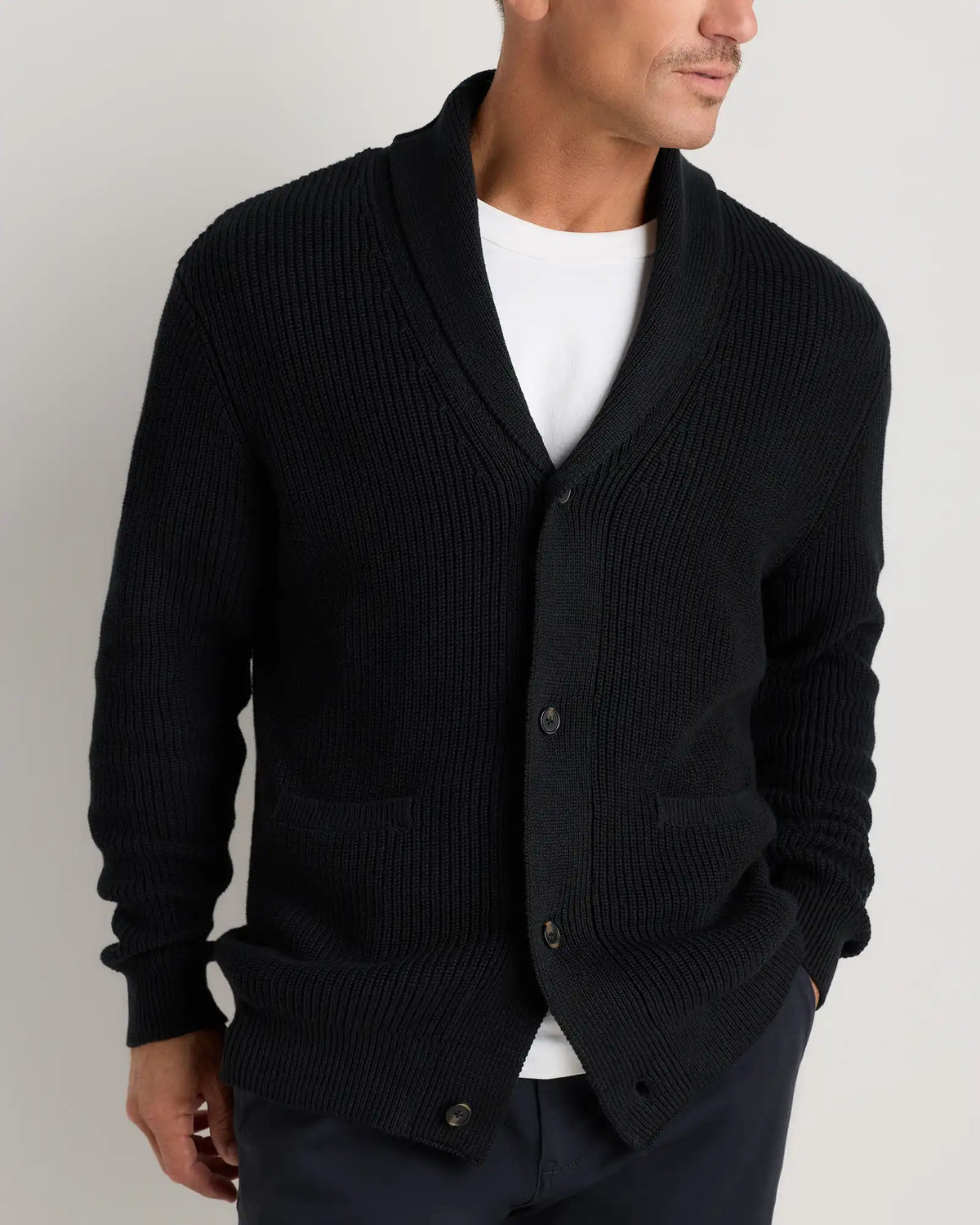100% Organic Cotton Ribbed Shawl-Collar Cardigan Sweater