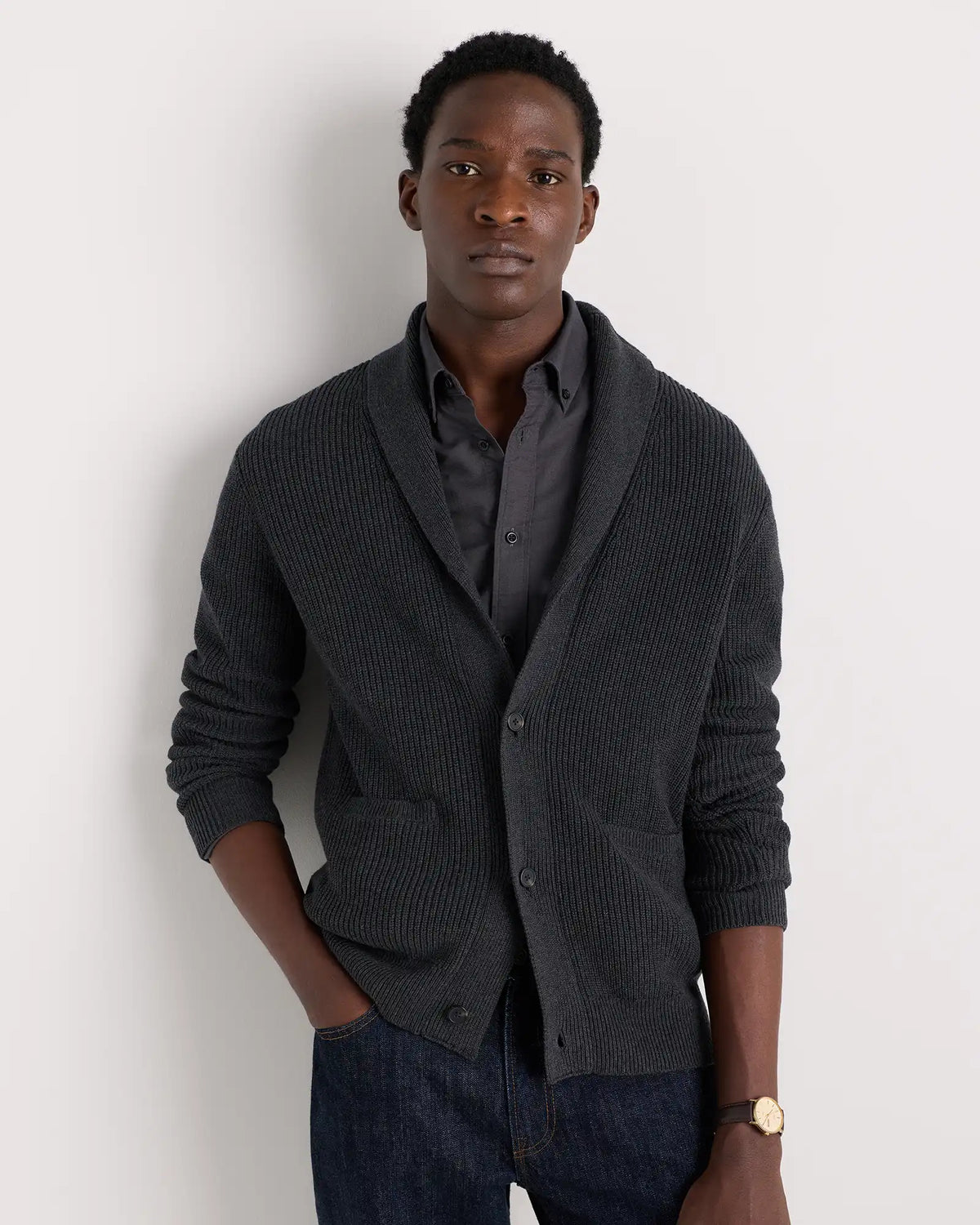 100% Organic Cotton Ribbed Shawl-Collar Cardigan Sweater