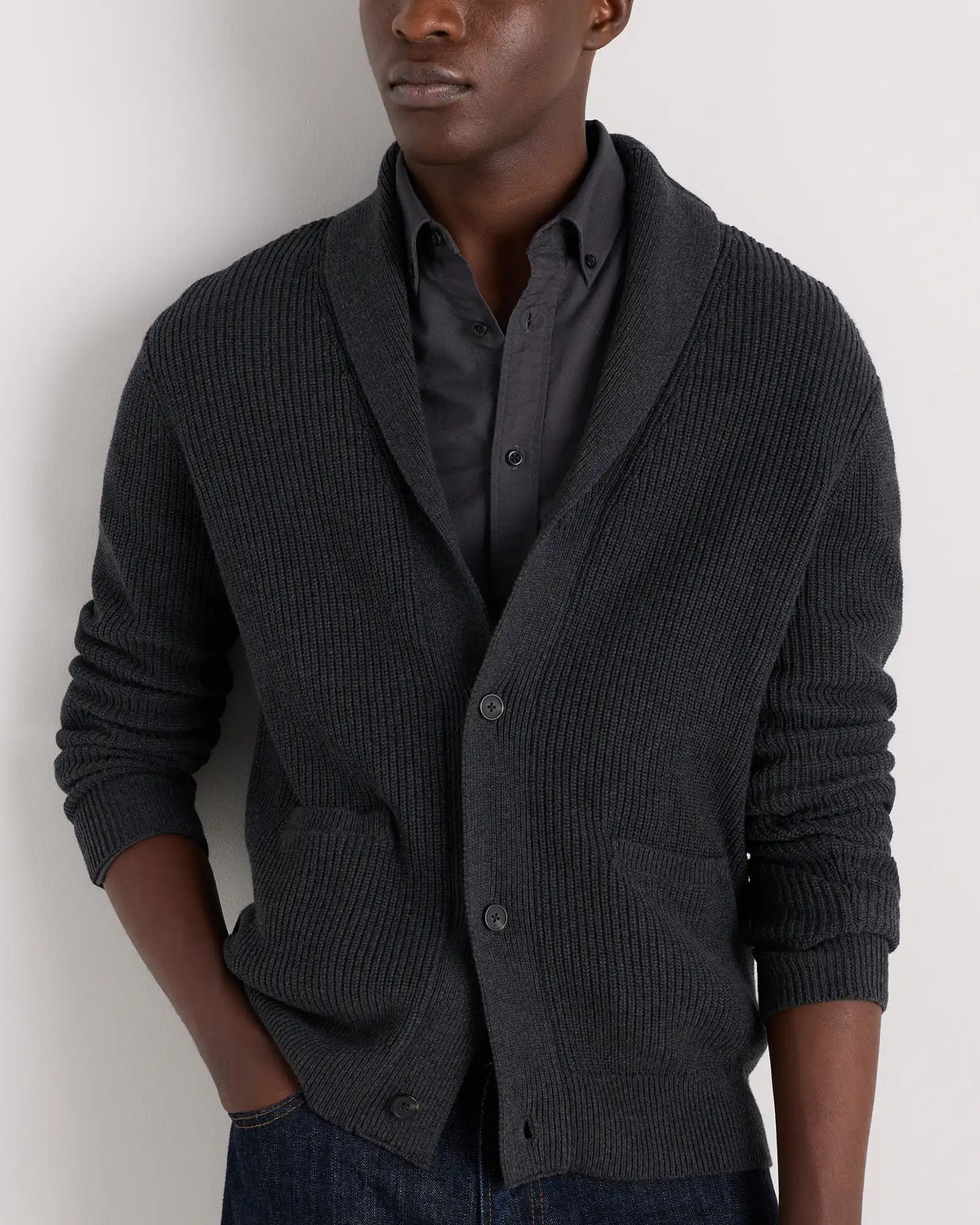 100% Organic Cotton Ribbed Shawl-Collar Cardigan Sweater