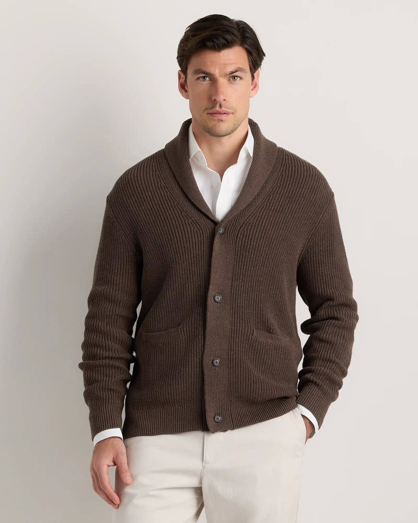 100% Organic Cotton Ribbed Shawl-Collar Cardigan Sweater